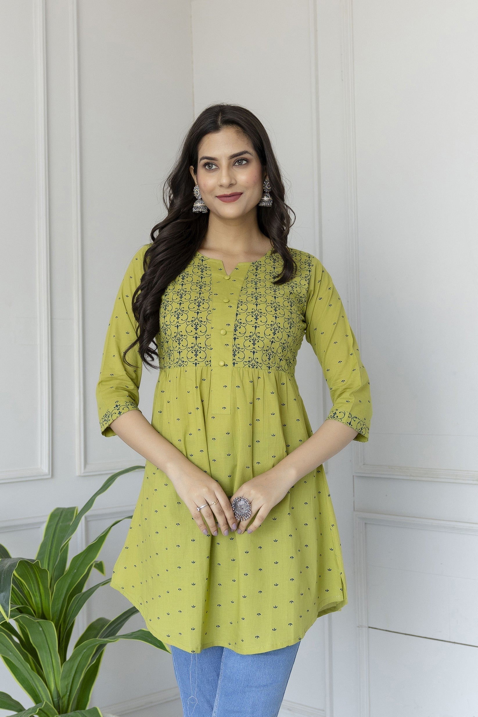 Women's Green printed 3/4th sleeve cotton tunic