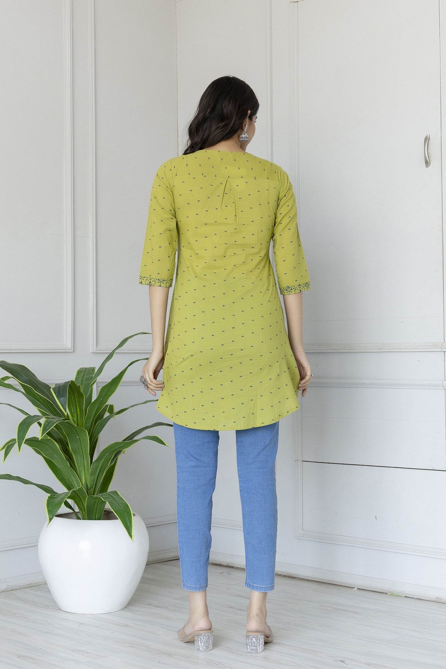 Women's Green printed 3/4th sleeve cotton tunic