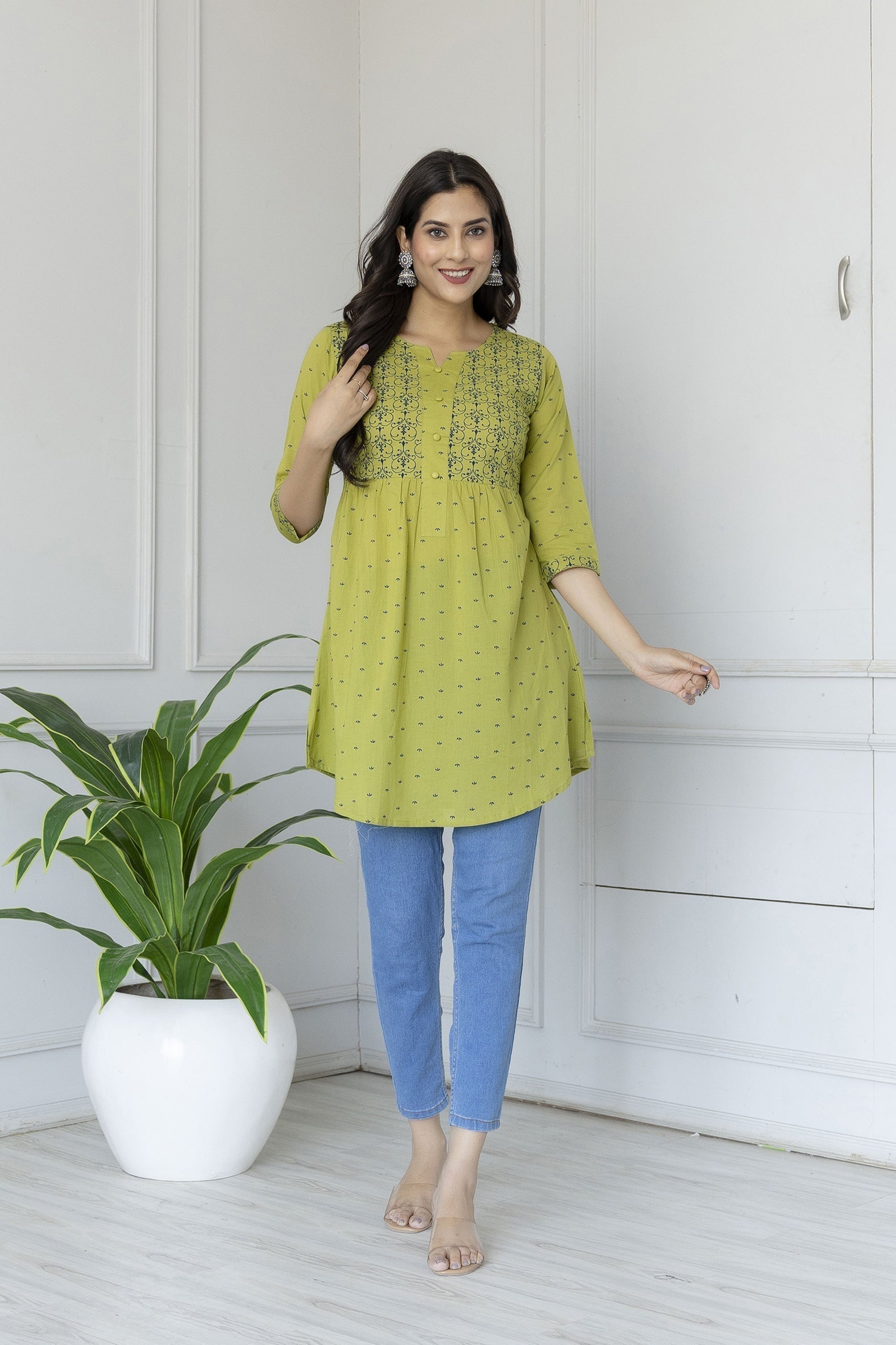 Women's Green printed 3/4th sleeve cotton tunic
