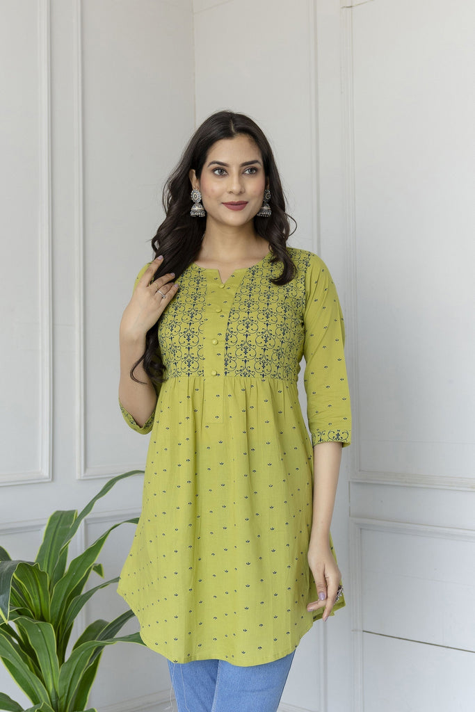 Women's Green printed 3/4th sleeve cotton tunic