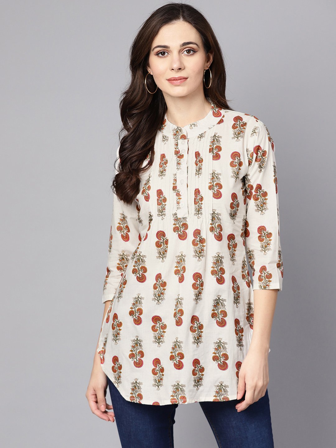 Women's White printed 3/4th sleeve cotton tunic