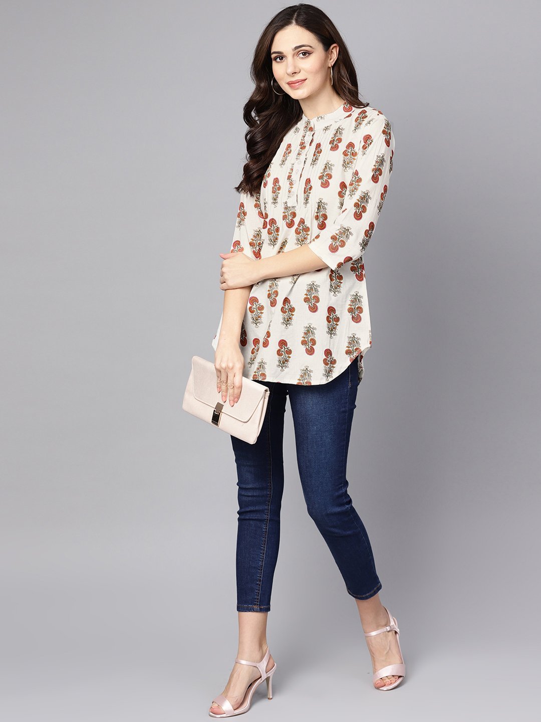 Women's White printed 3/4th sleeve cotton tunic