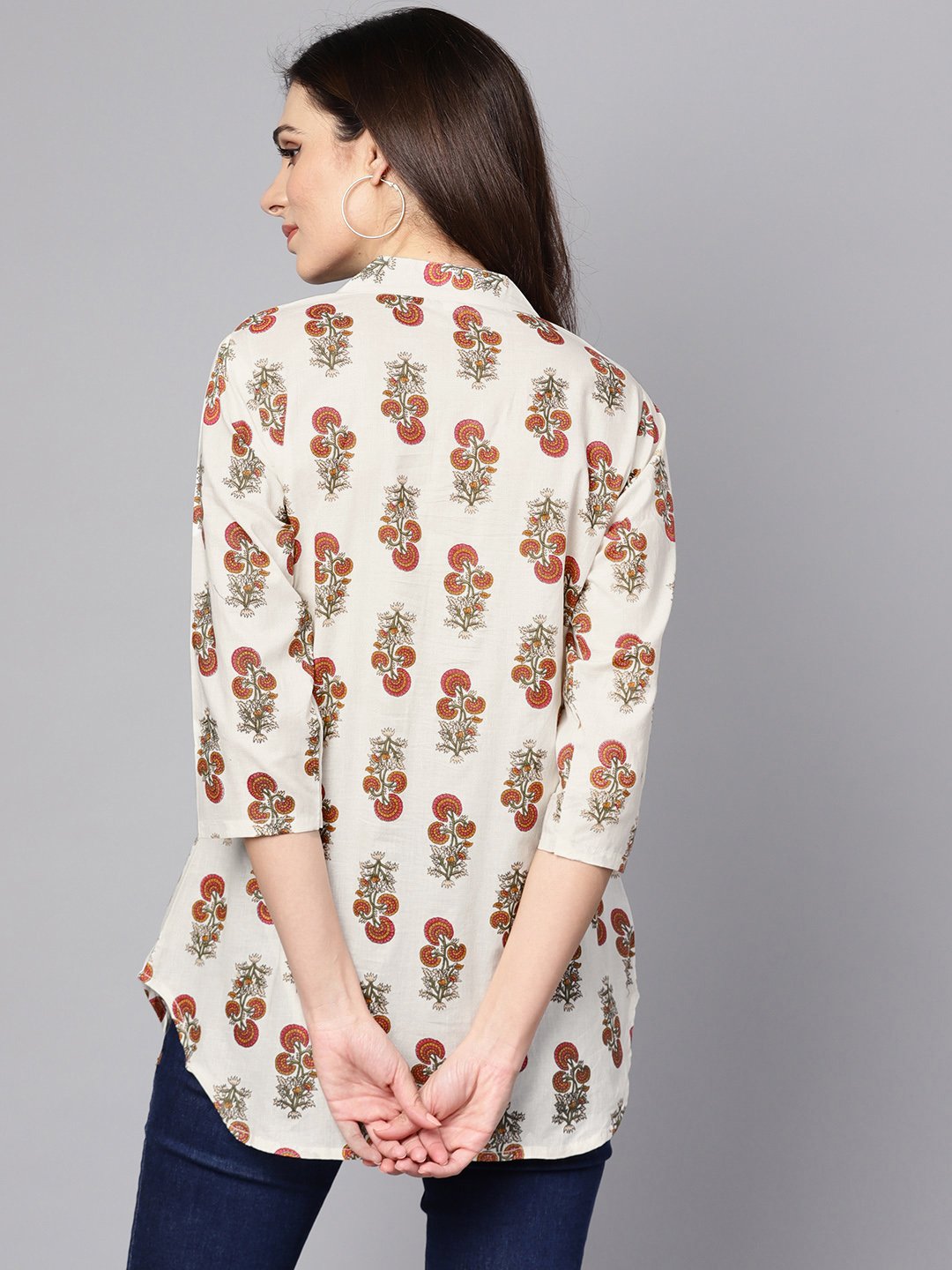 Women's White printed 3/4th sleeve cotton tunic