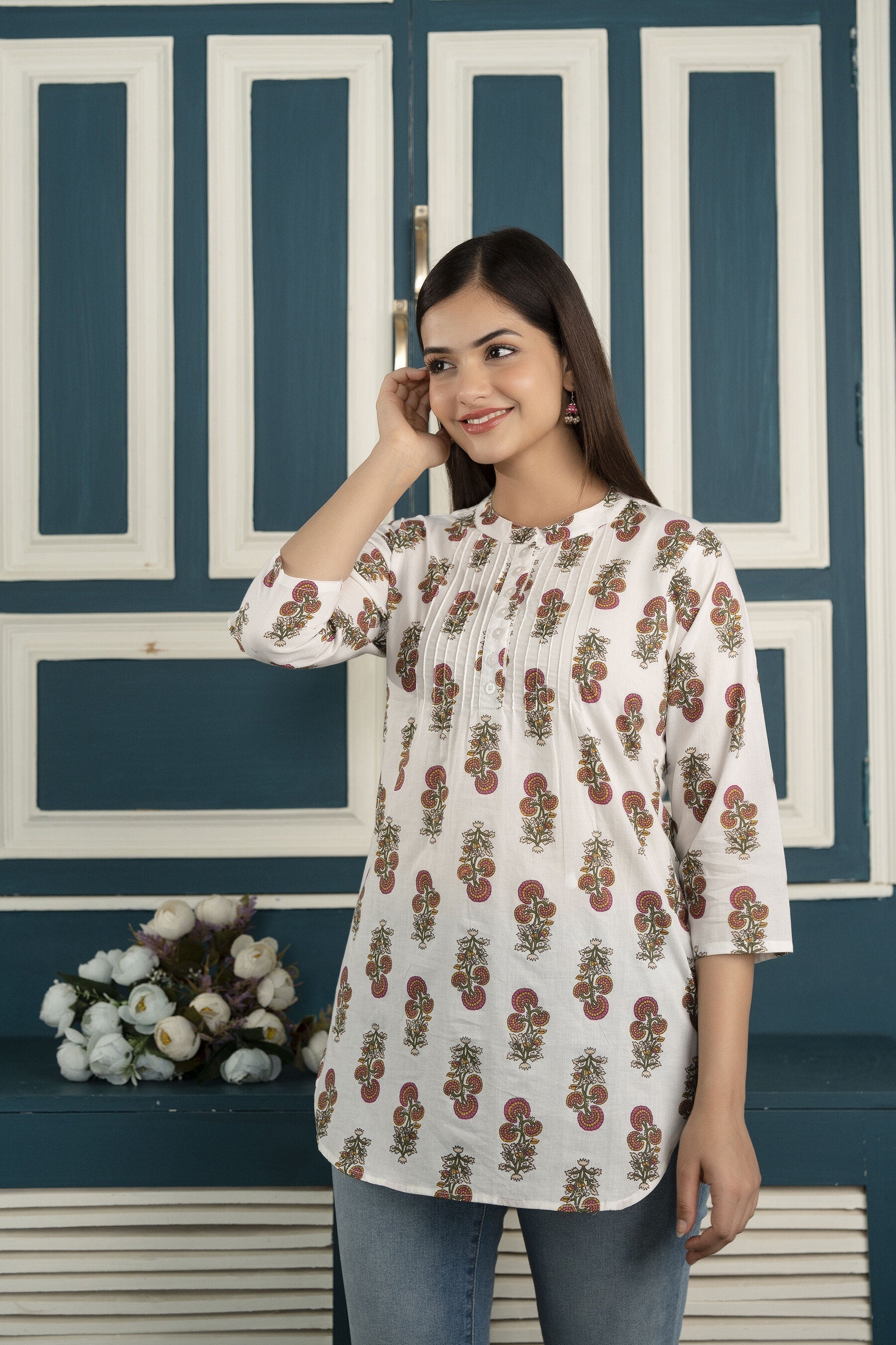 Women's White printed 3/4th sleeve cotton tunic - Taantav