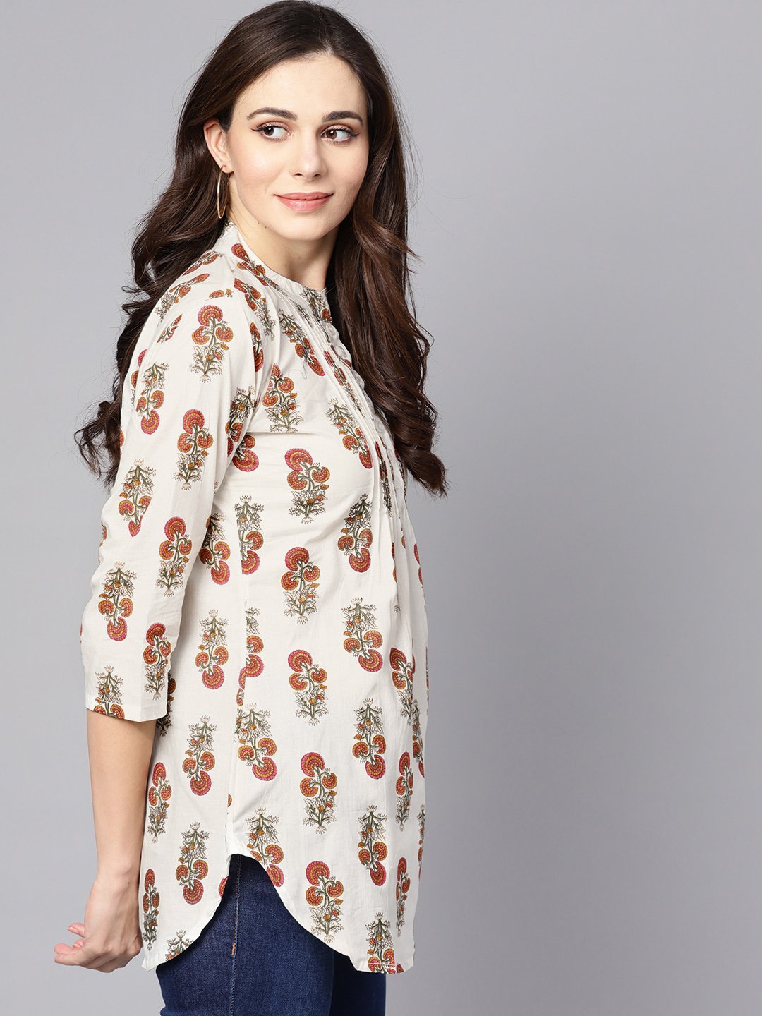 Women's White printed 3/4th sleeve cotton tunic