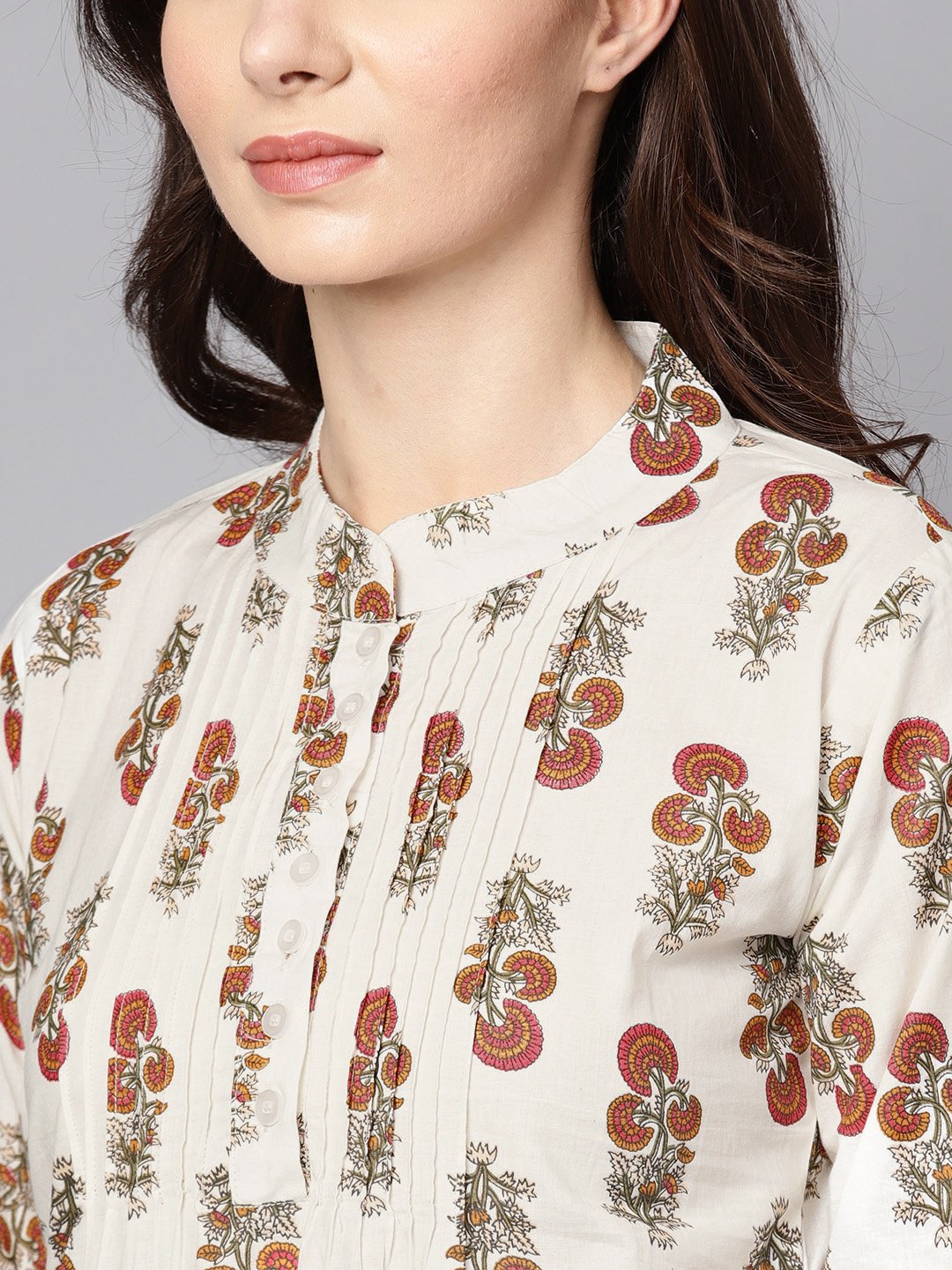 Women's White printed 3/4th sleeve cotton tunic
