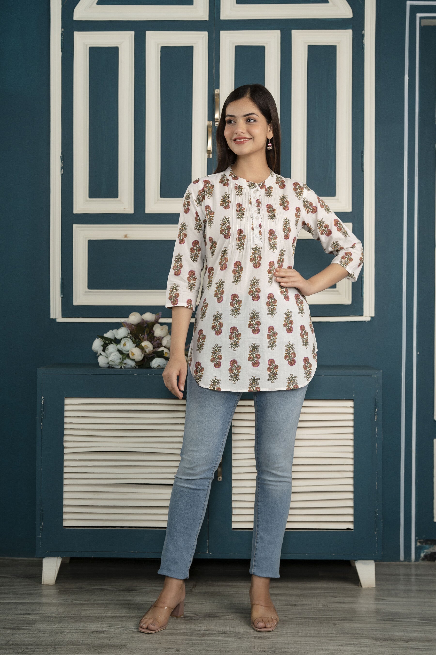 Women's White printed 3/4th sleeve cotton tunic - Taantav