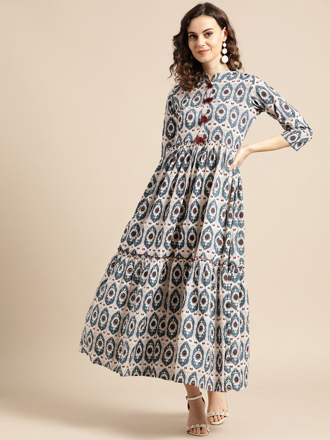 Women's White Ethnic Motifs Printed Mandarin Collar Cotton Fit and Flare Dress