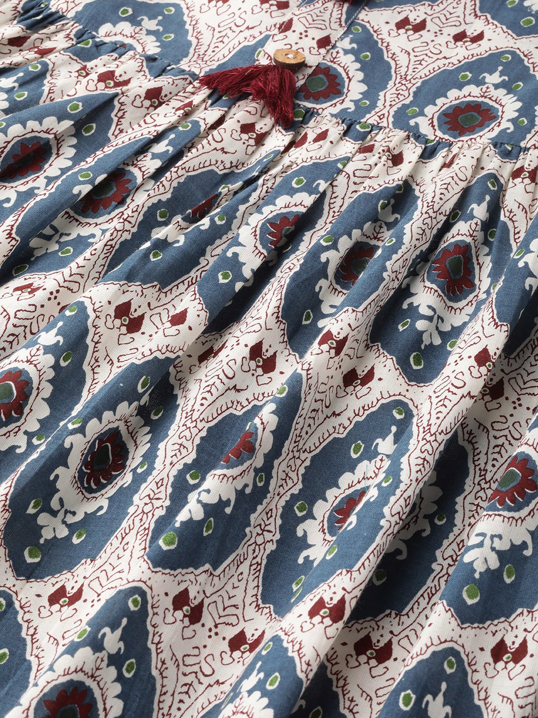 Women's White Ethnic Motifs Printed Mandarin Collar Cotton Fit and Flare Dress