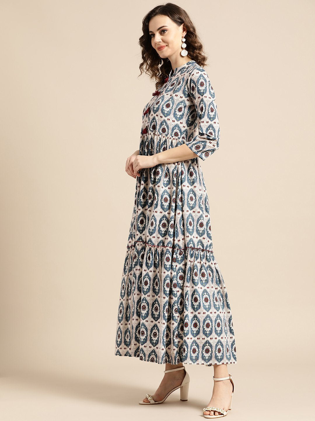 Women's White Ethnic Motifs Printed Mandarin Collar Cotton Fit and Flare Dress