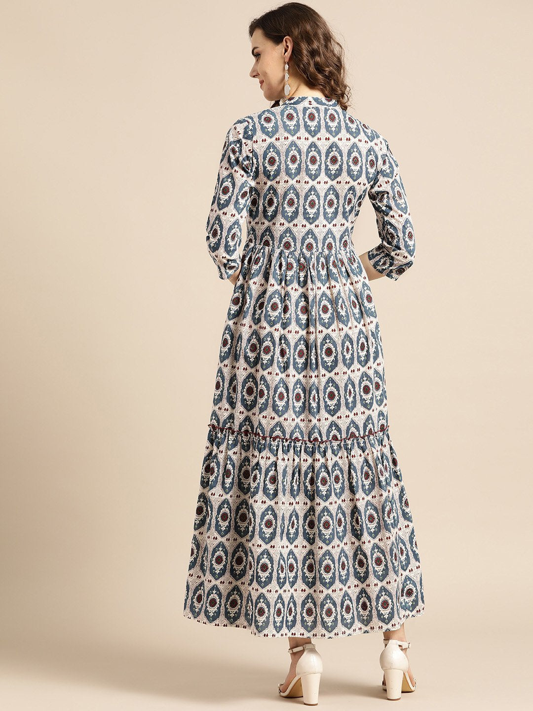 Women's White Ethnic Motifs Printed Mandarin Collar Cotton Fit and Flare Dress