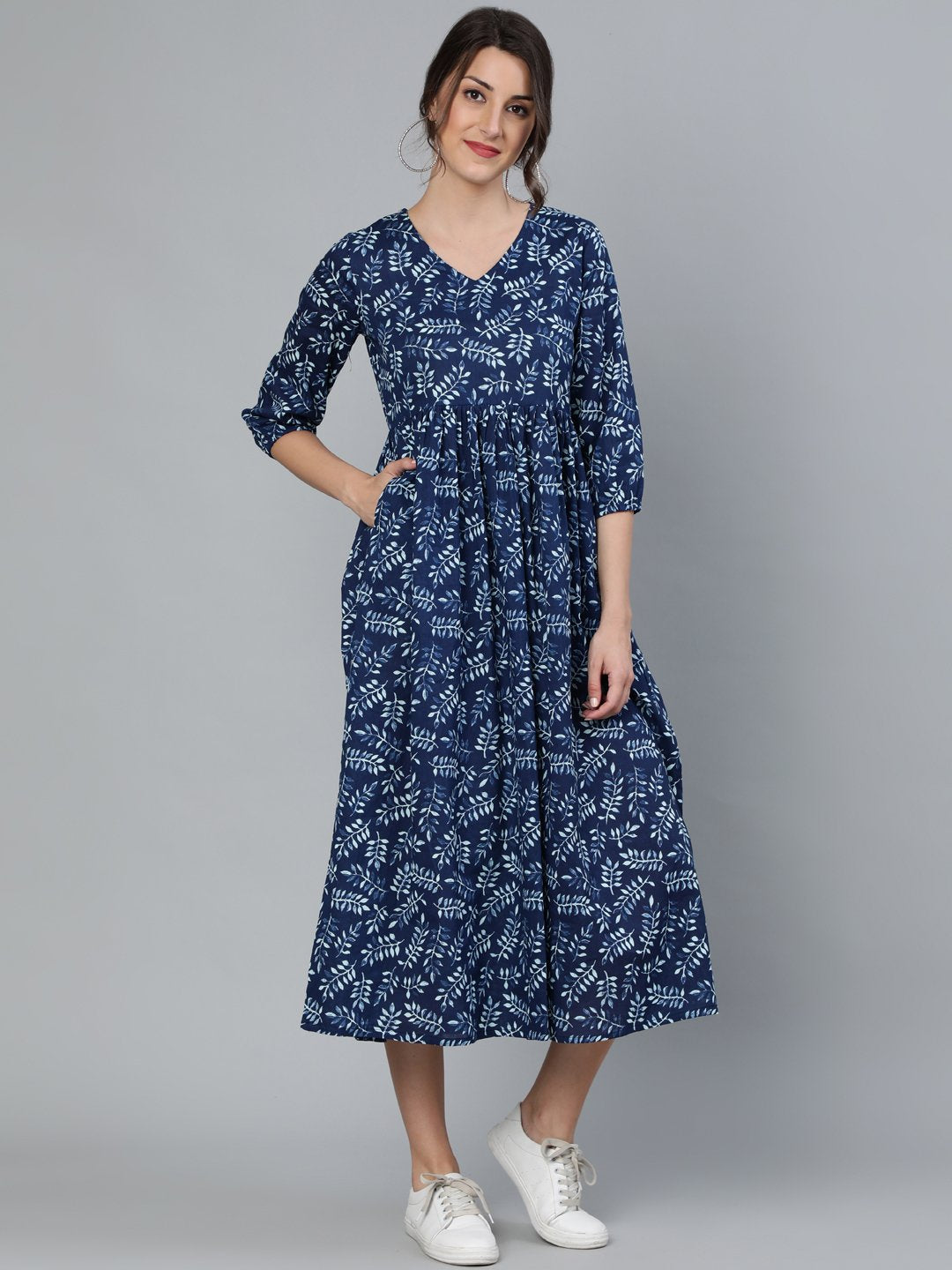 Women's Indigo Blue Printed Dress With Three Quarter