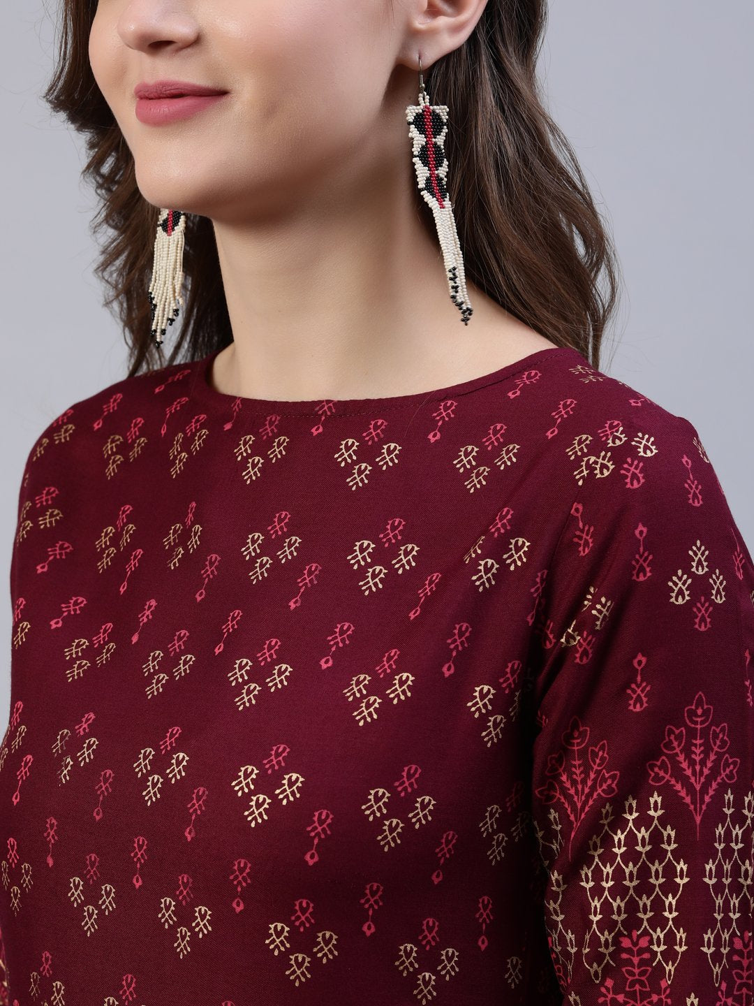 Women's Burgundy Printed Dress With Three Quarter Sleeves - Nayo Clothing USA