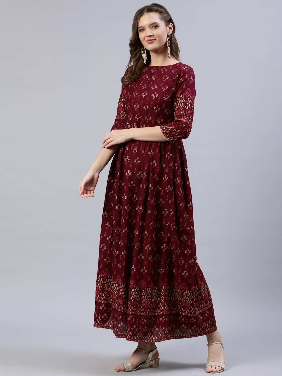 Women's Burgundy Printed Dress With Three Quarter Sleeves - Nayo Clothing USA