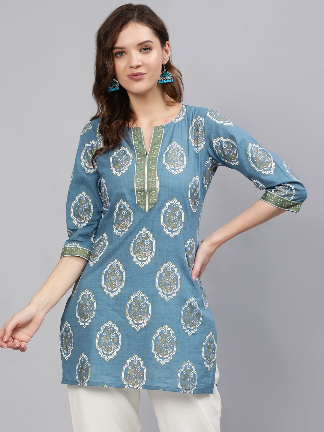 Women's Blue & Gold Printed Tunic With Three Quarter Sleeves