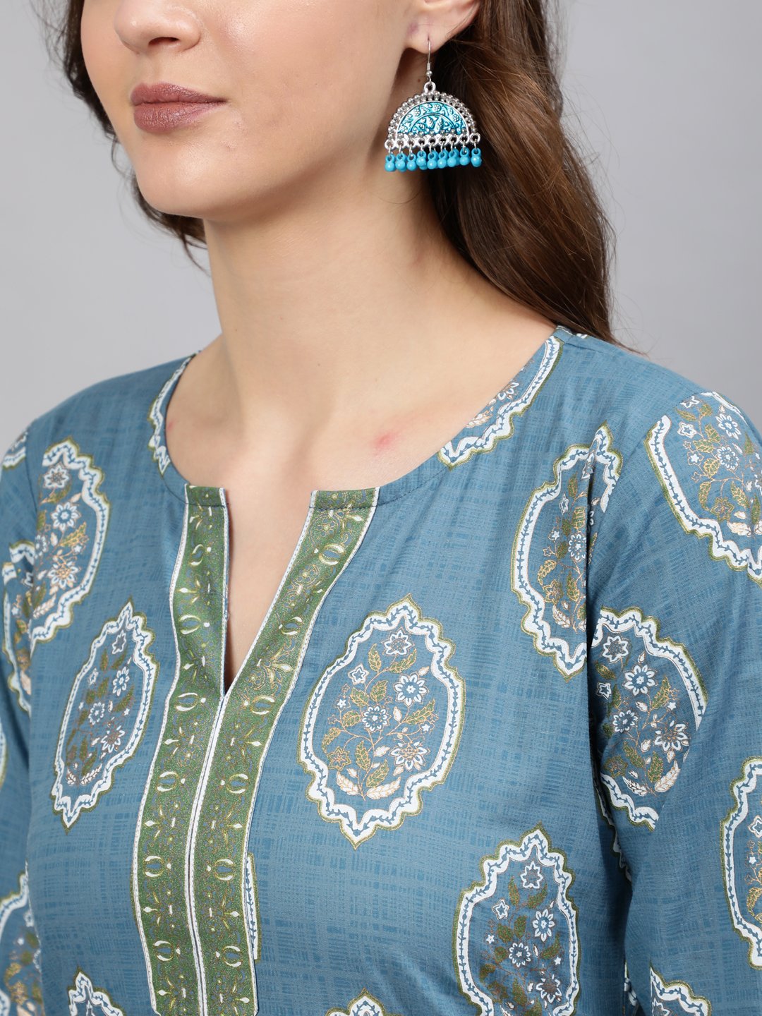 Women's Blue & Gold Printed Tunic With Three Quarter Sleeves
