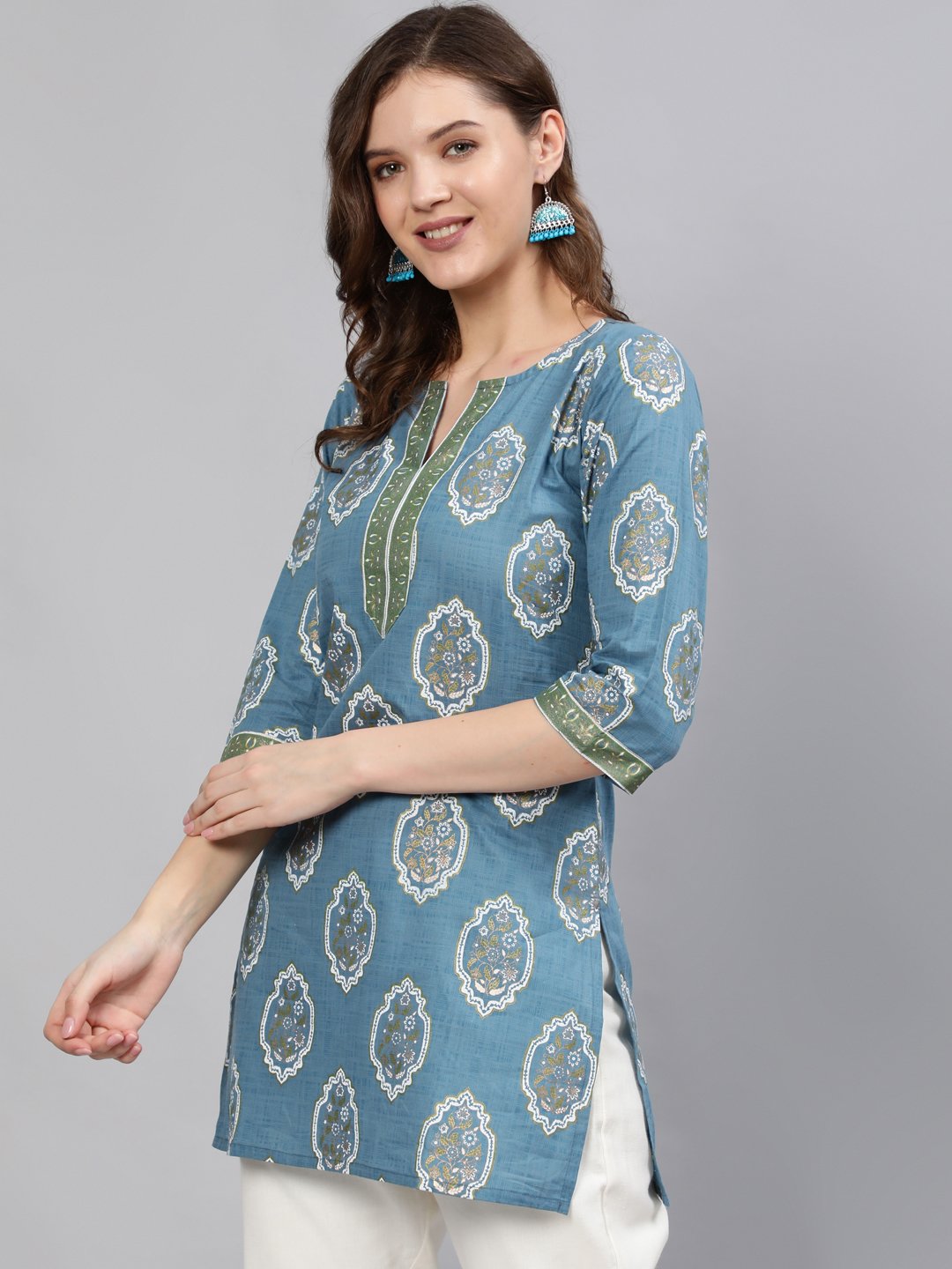Women's Blue & Gold Printed Tunic With Three Quarter Sleeves
