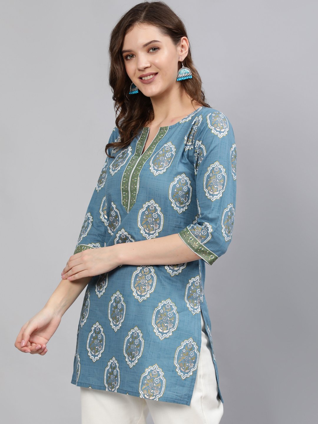 Women's Blue & Gold Printed Tunic With Three Quarter Sleeves - Nayo Clothing USA