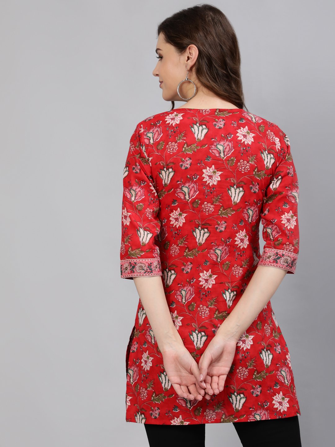Women's Red Floral Printed Tunic With Three Quarter Sleeves