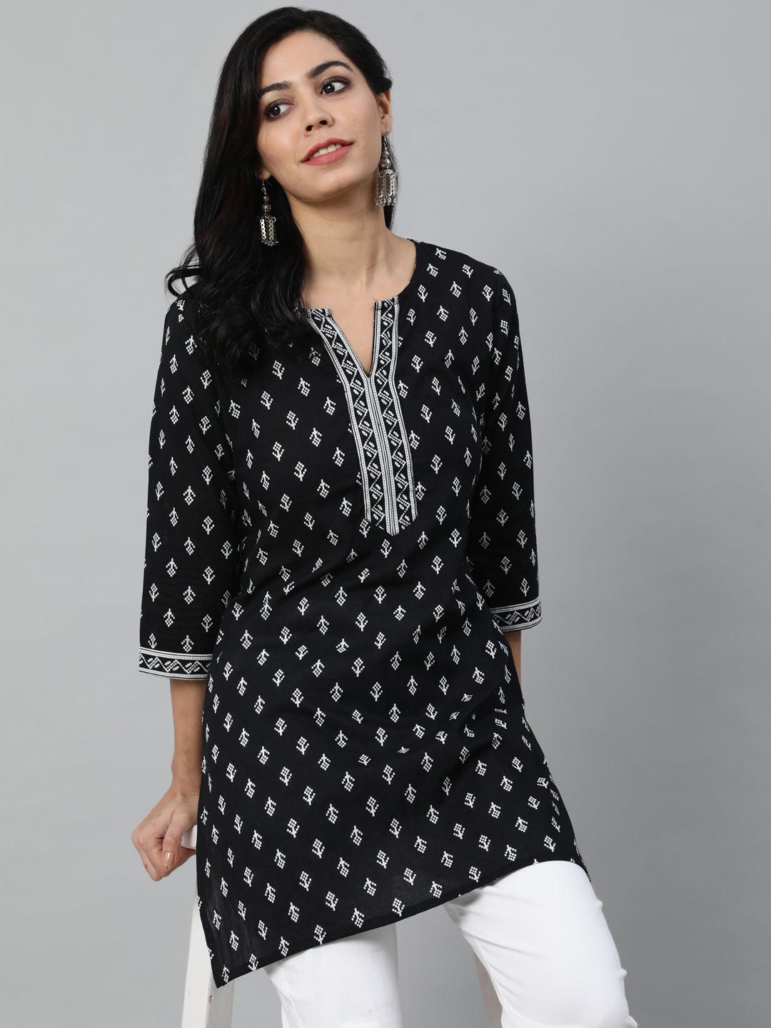 Women's Black & White Printed Cotton Tunic - Nayo Clothing USA