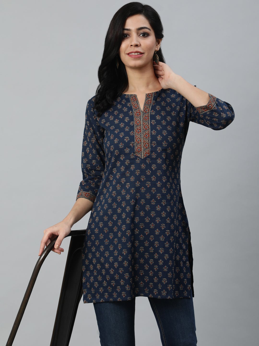 Women's Navy Blue And Marron Printed Tunic