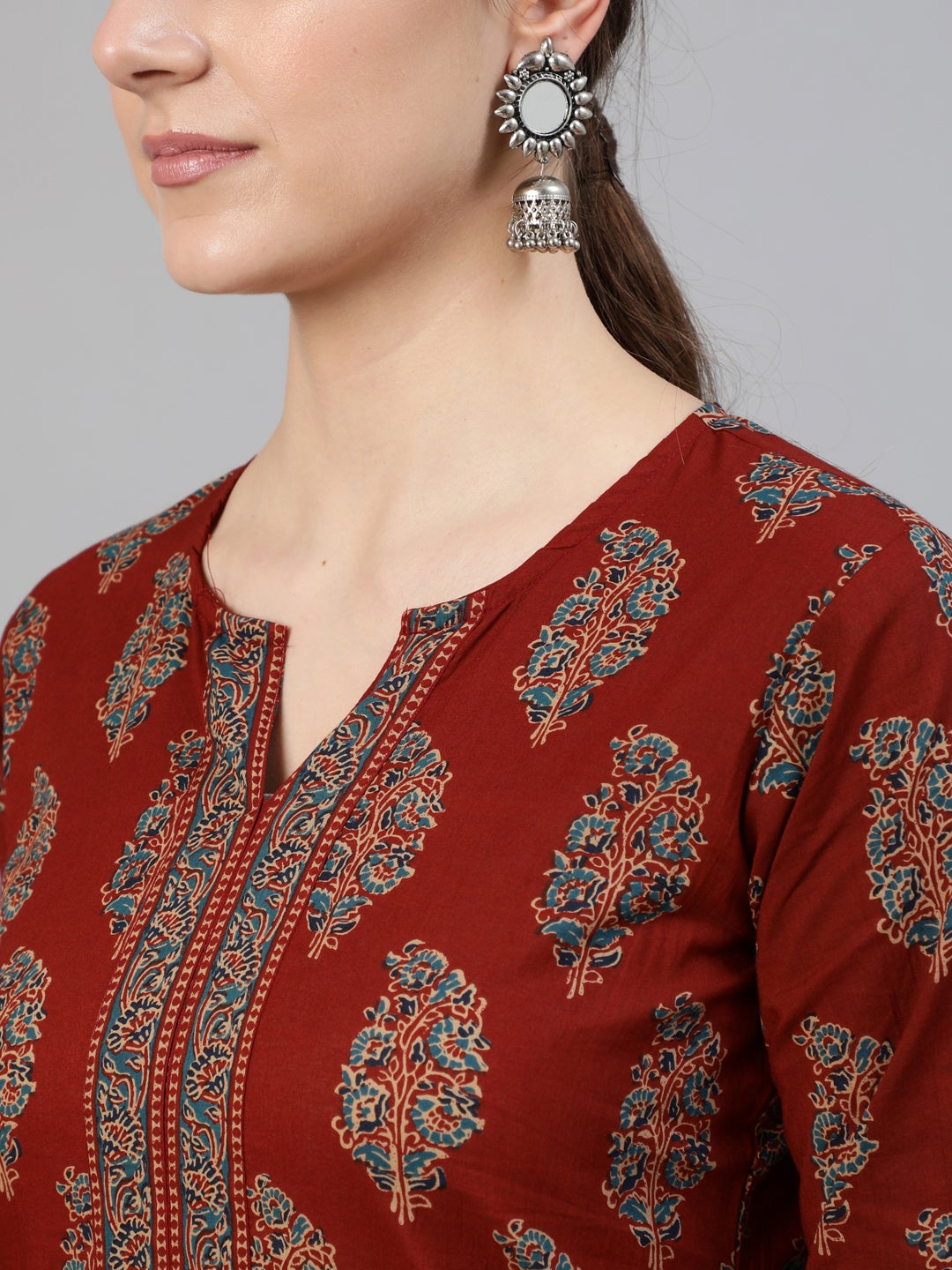 Women's Maroon Printed Straight Kurta With Three Quarter S