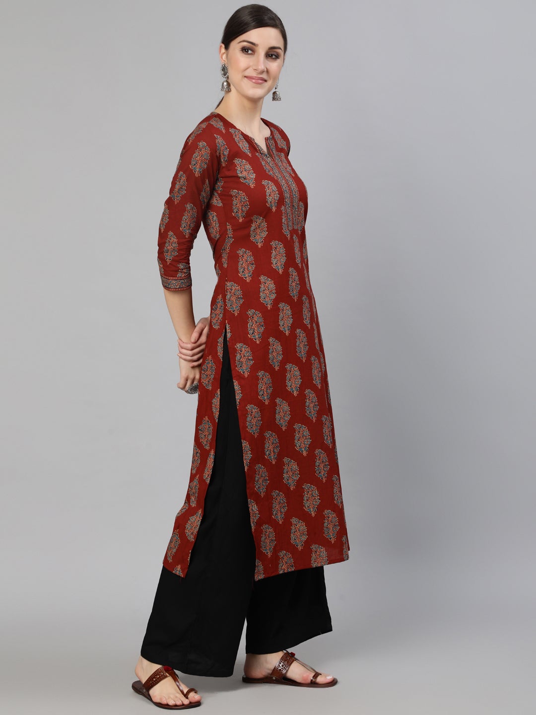 Women's Maroon Printed Straight Kurta With Three Quarter S