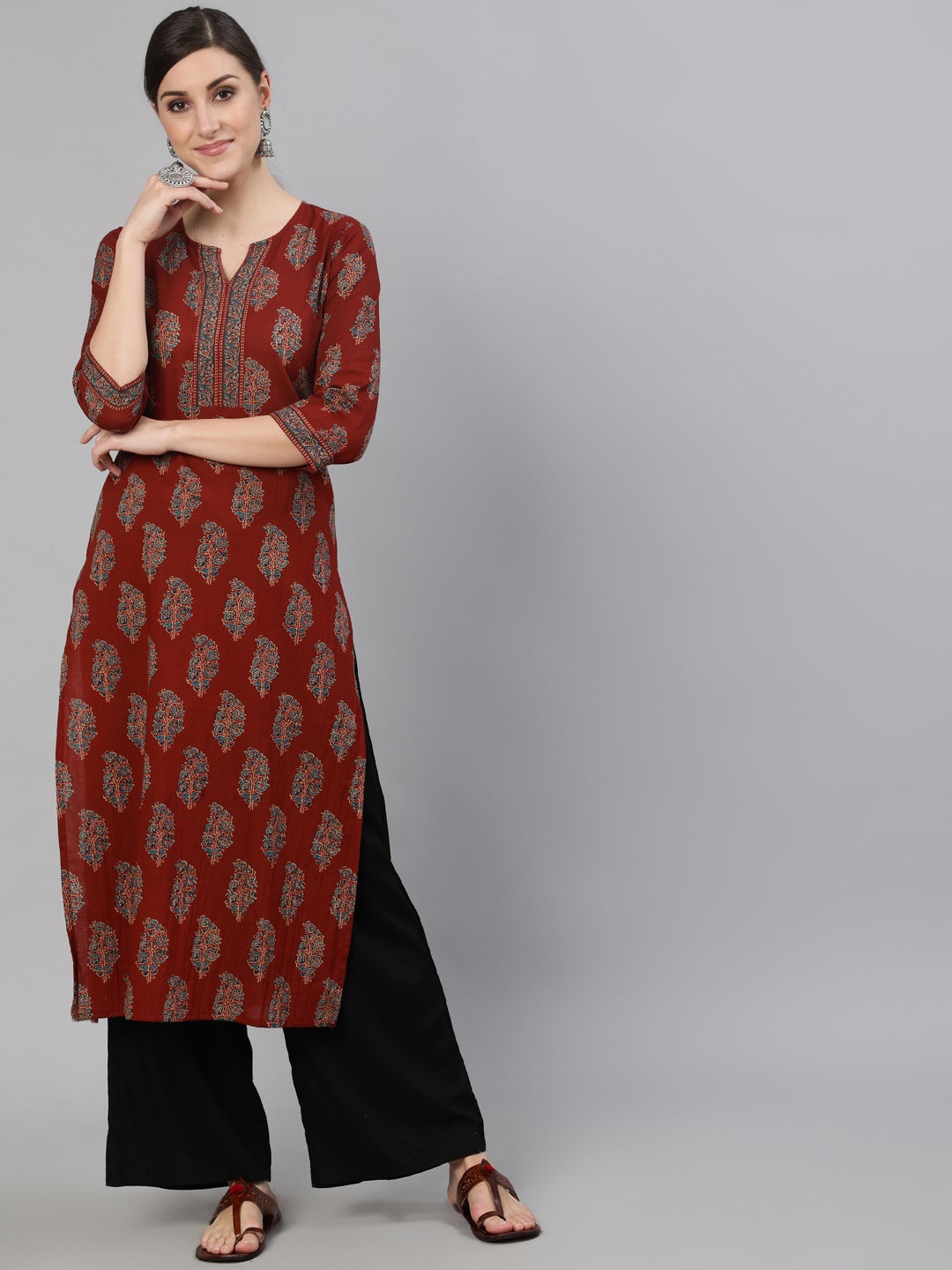Women's Maroon Printed Straight Kurta With Three Quarter S