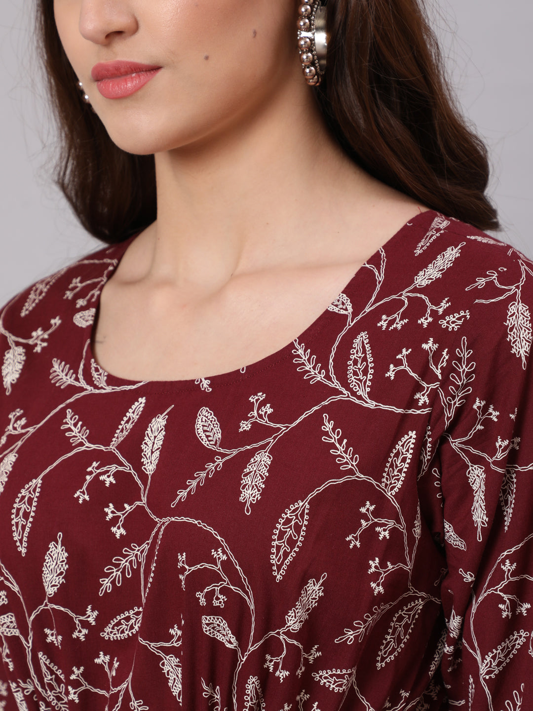 Women's Burgundy Ethnic Printed Flared Dress With Three Quarter Sleevs