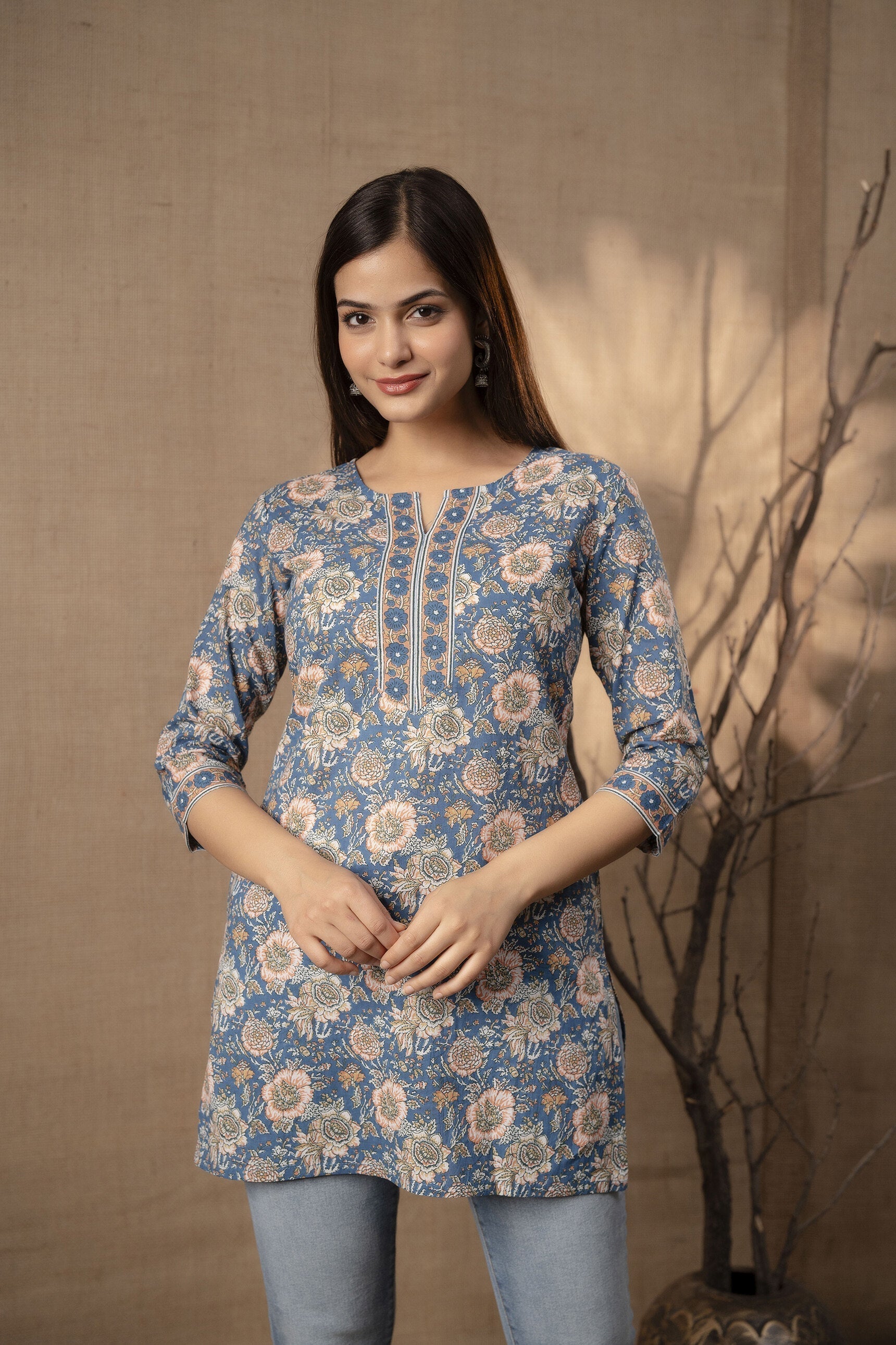 Women's Blue Floral Printed Straight Tunic With Three Quarter Sleeves - Taantav