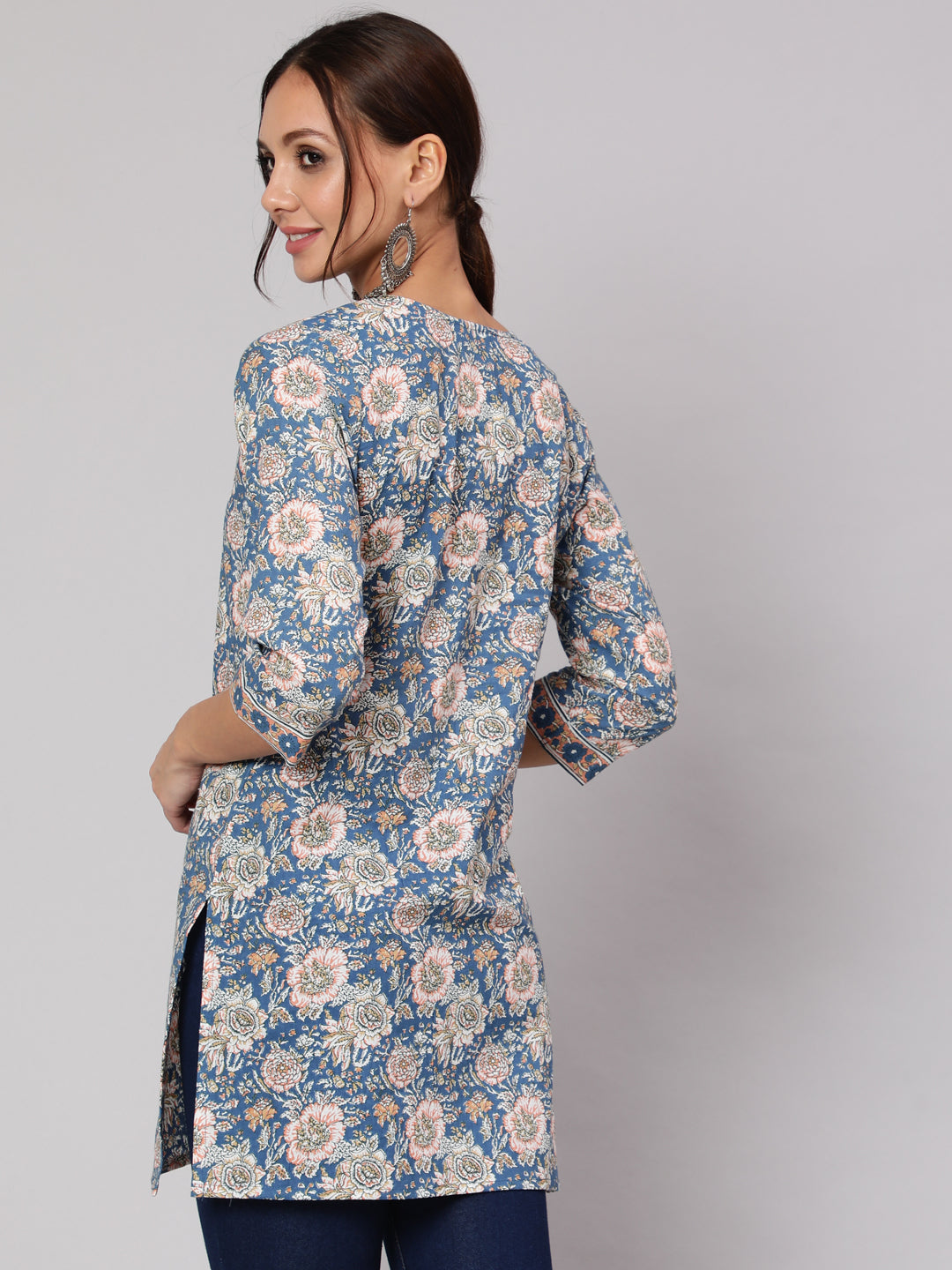 Women's Blue & Pink Floral Printed Straight Tunic With Three Quarter Sleeves - Nayo Clothing USA