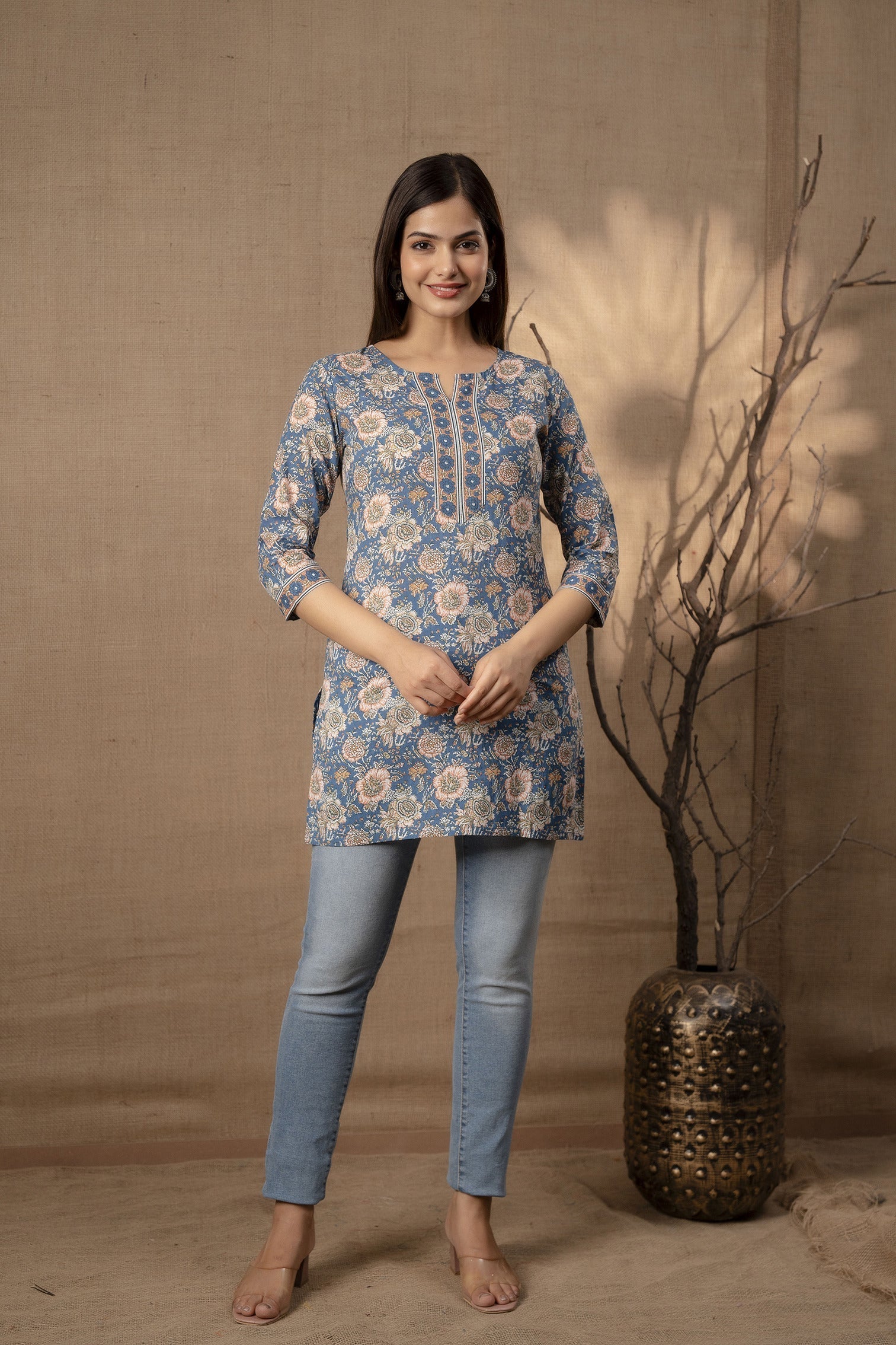 Women's Blue Floral Printed Straight Tunic With Three Quarter Sleeves - Taantav