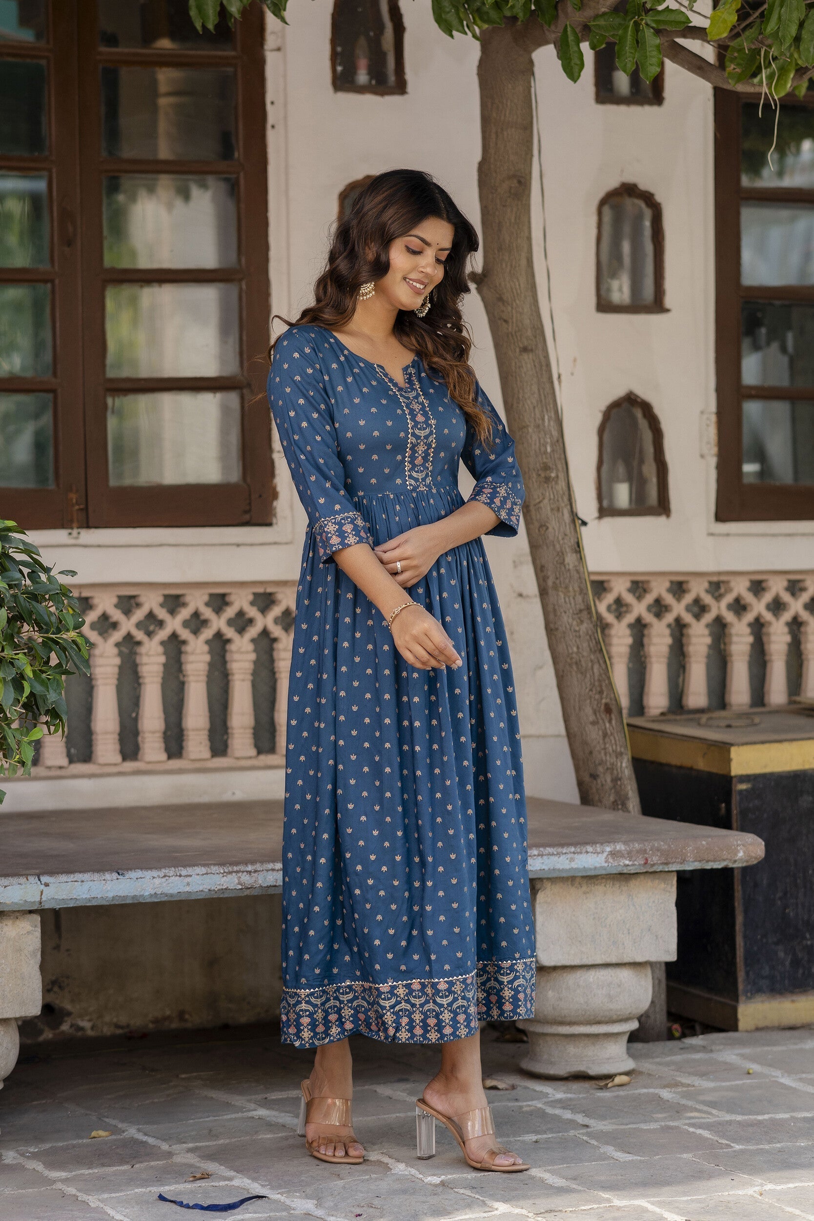 Women's Blue Ethnic Motifs Printed Flared Dress - Taantav