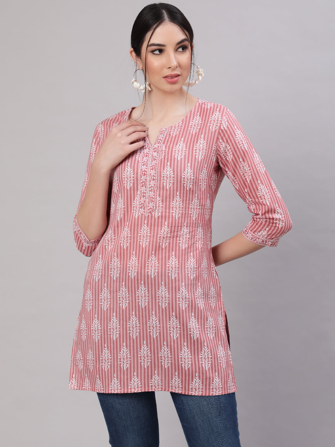 Women's Pink Straight Tunic With Three Quaretr Sleeves - Nayo Clothing USA