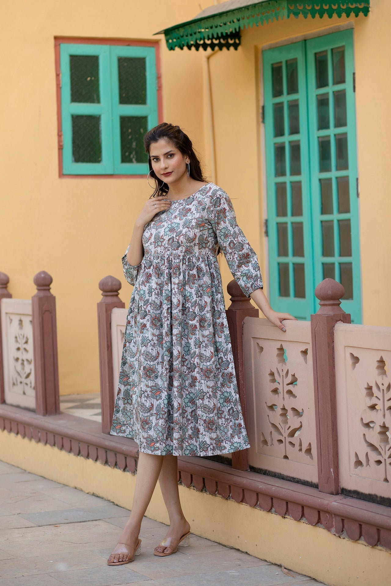 Women's Off-White Ethnic Printed Flared Dress With Three quarter Sleeves - Taantav