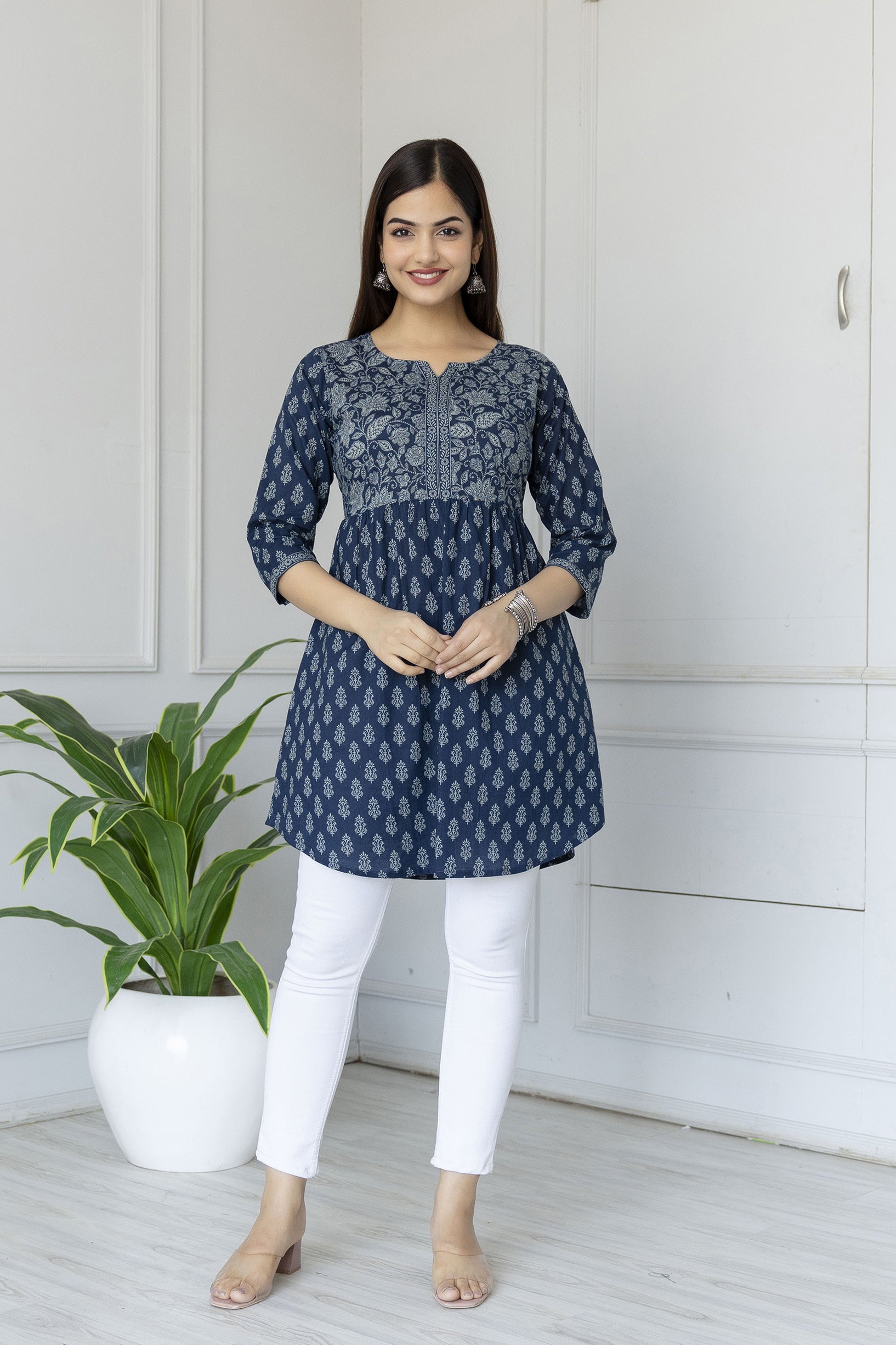 Women's Blue Printed Tunic With Three Quarter Sleeves - Taantav