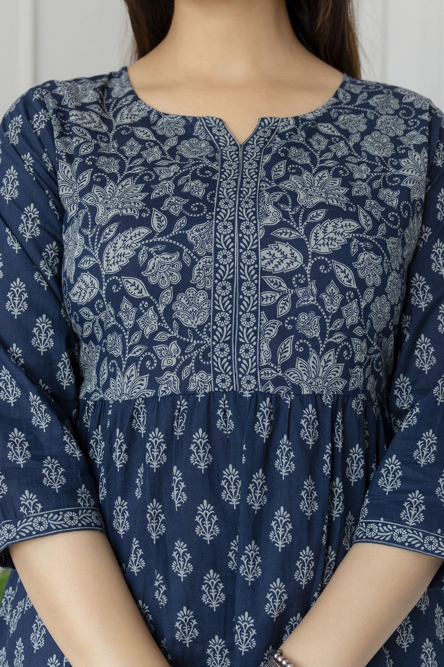 Women's Blue Printed Tunic With Three Quarter Sleeves - Taantav