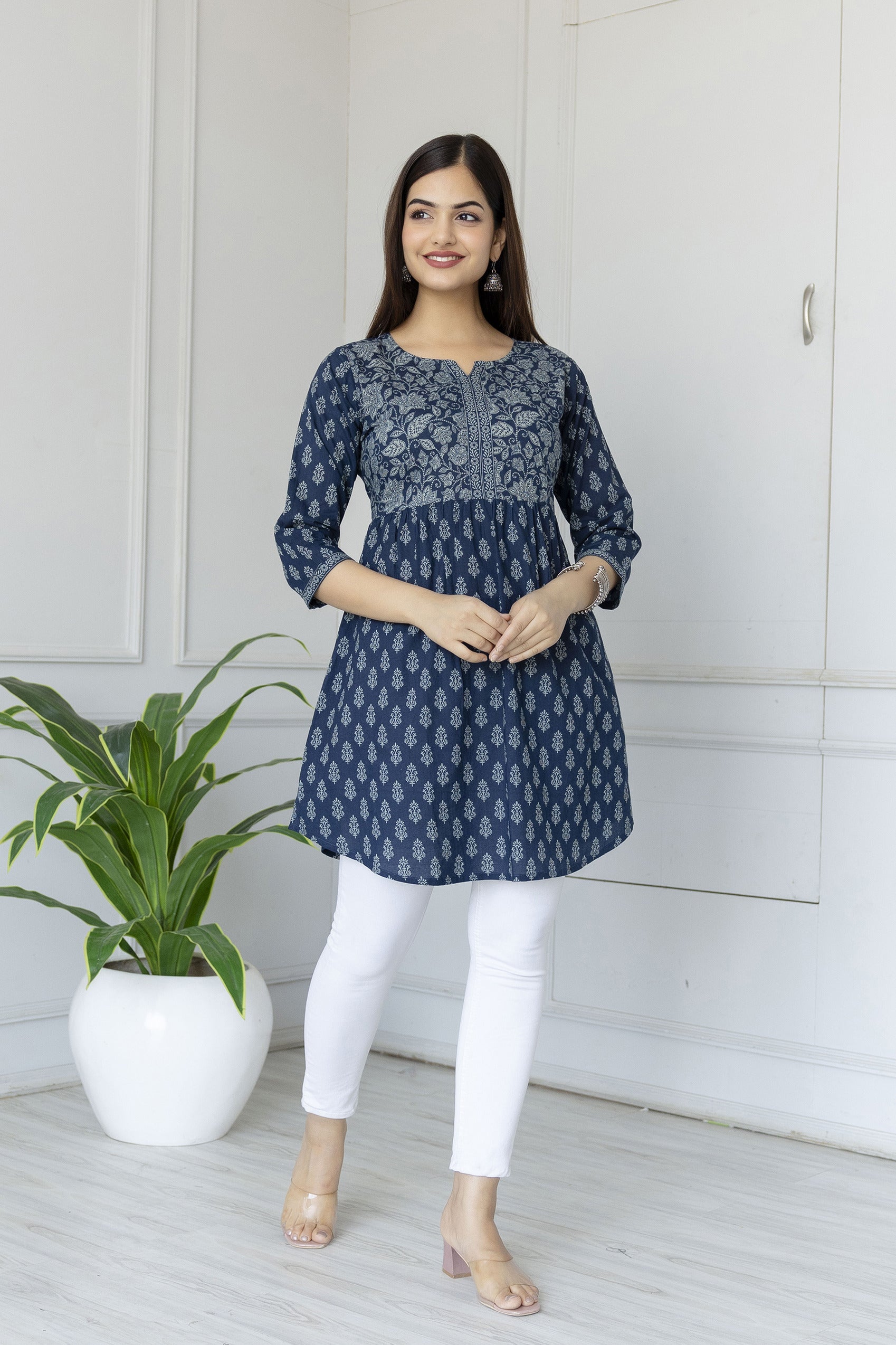 Women's Blue Printed Tunic With Three Quarter Sleeves - Taantav