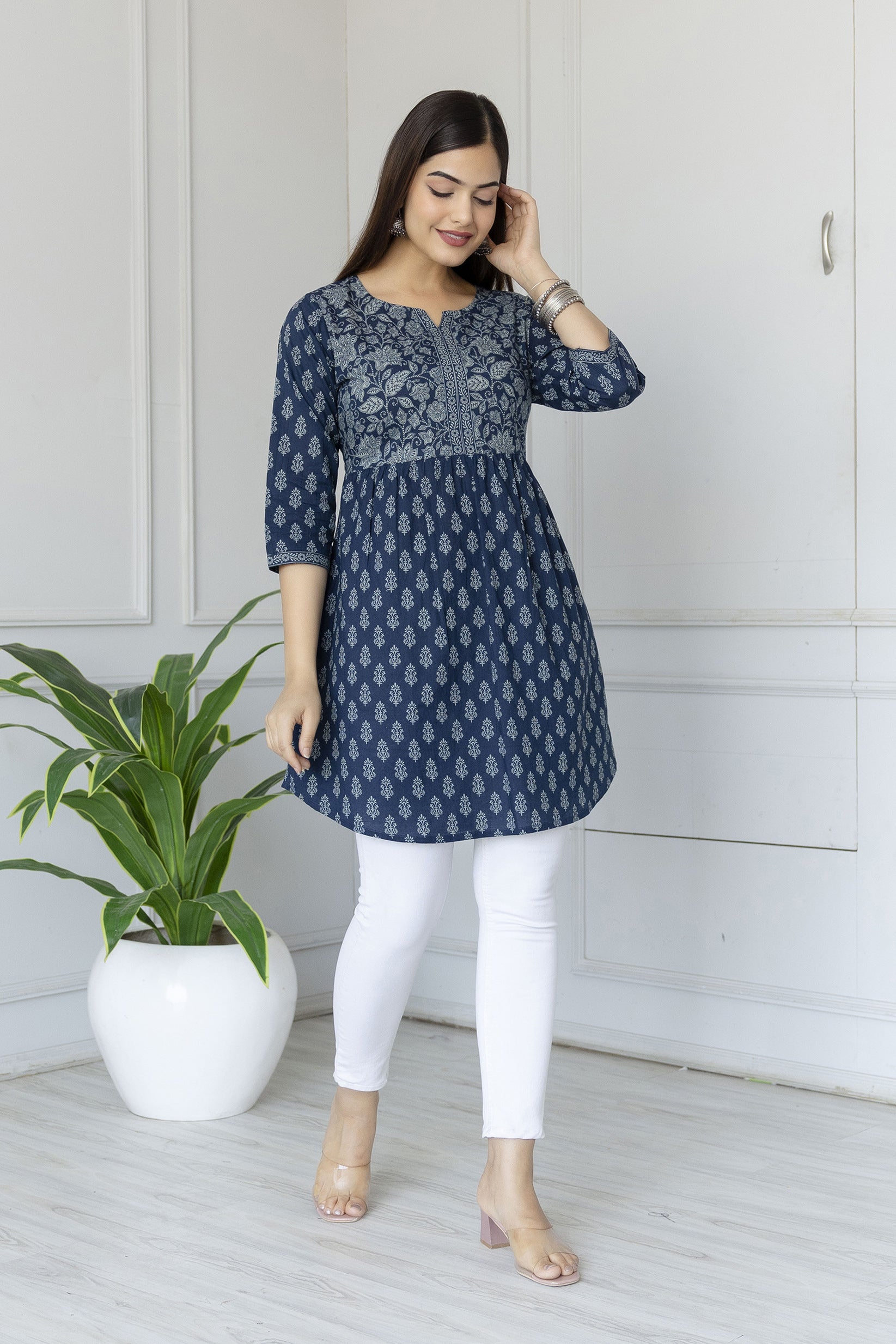 Women's Blue Printed Tunic With Three Quarter Sleeves - Taantav