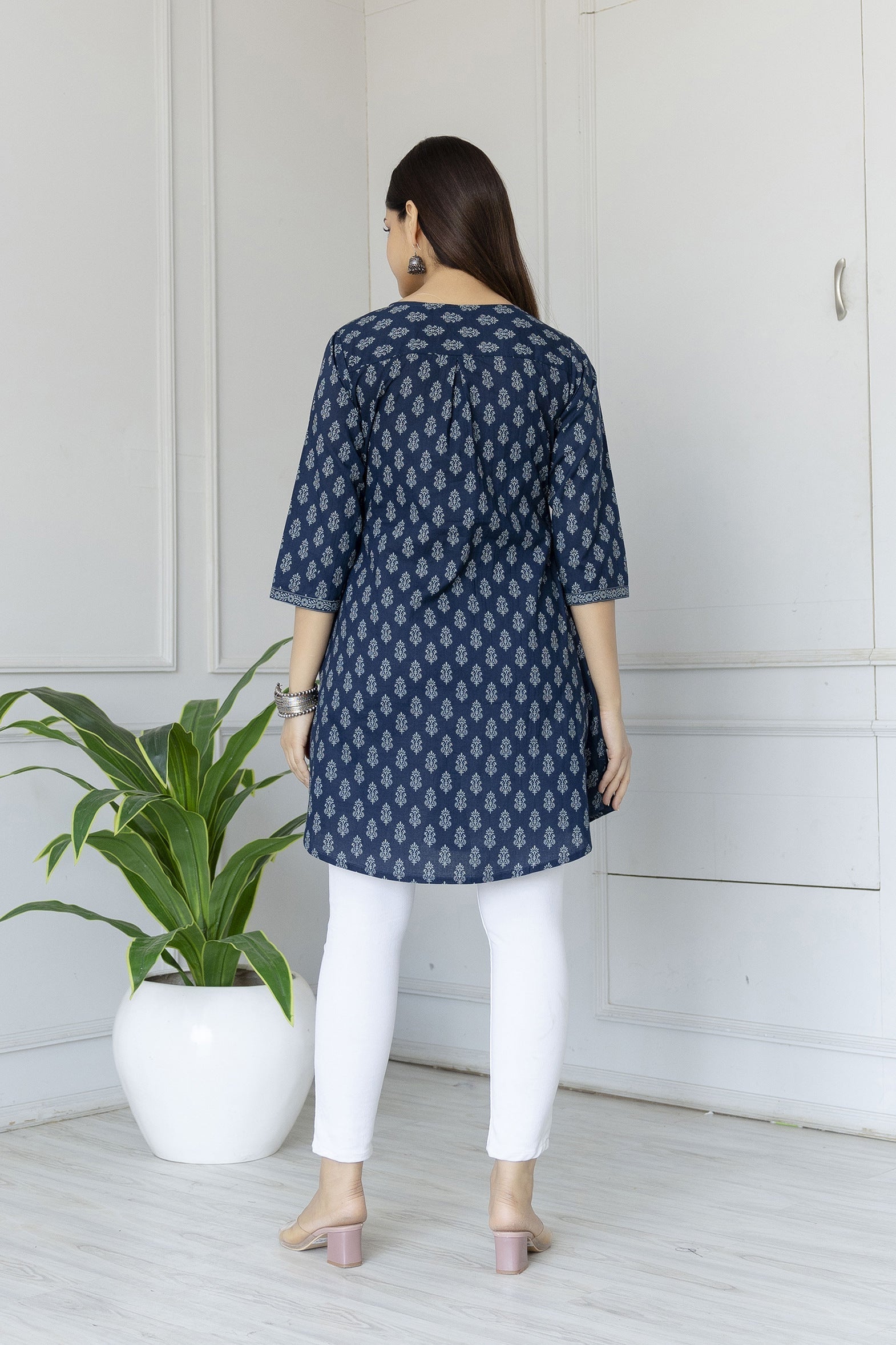 Women's Blue Printed Tunic With Three Quarter Sleeves - Taantav