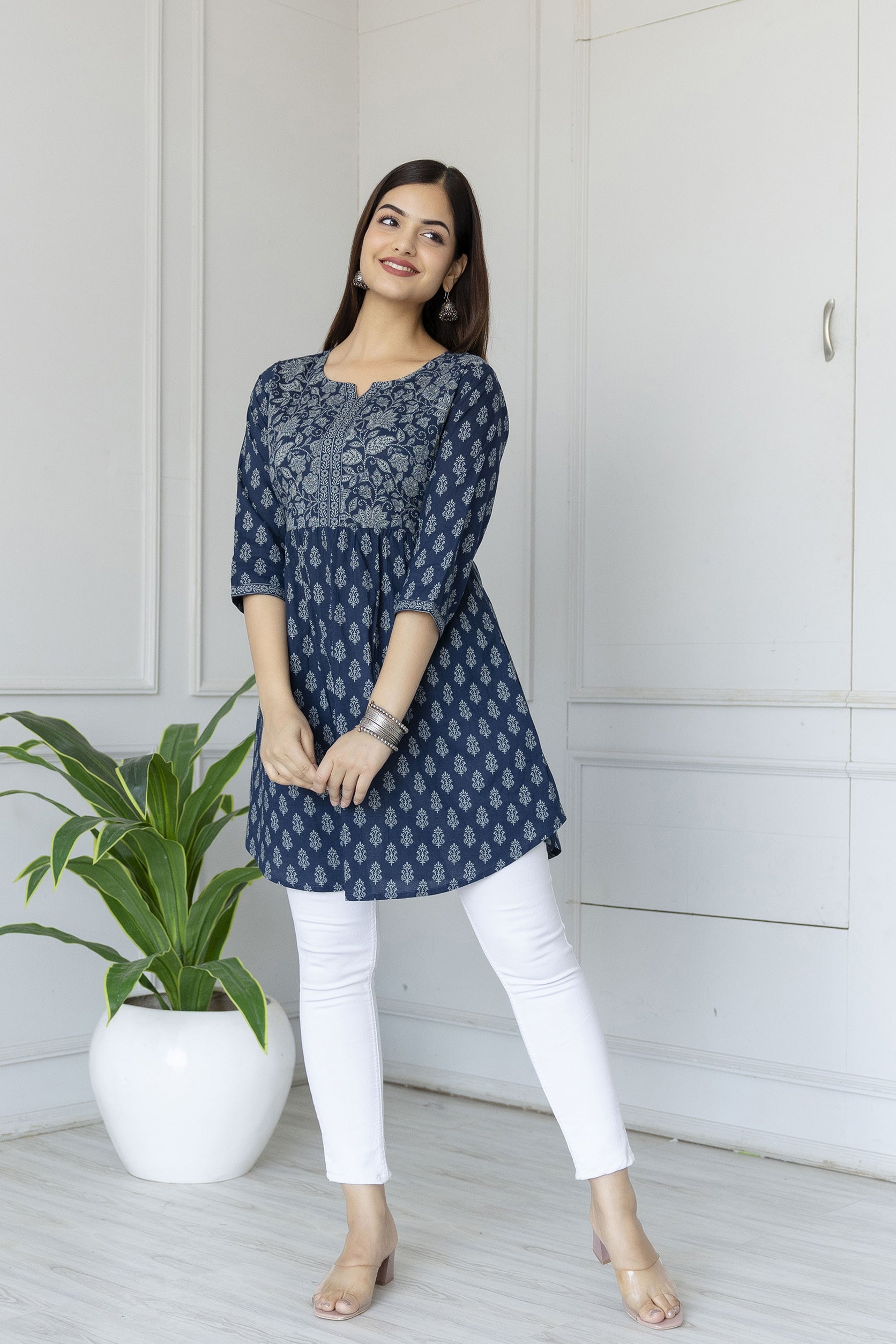 Women's Blue Printed Tunic With Three Quarter Sleeves - Taantav