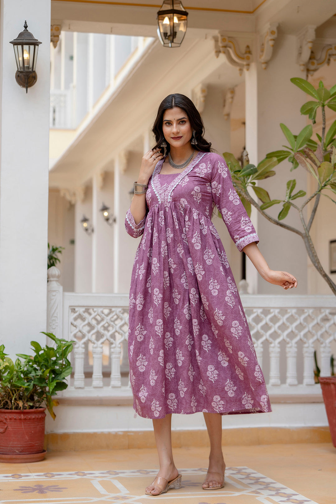 Women's Purple Ethnic Printed Flared Dress - Taantav