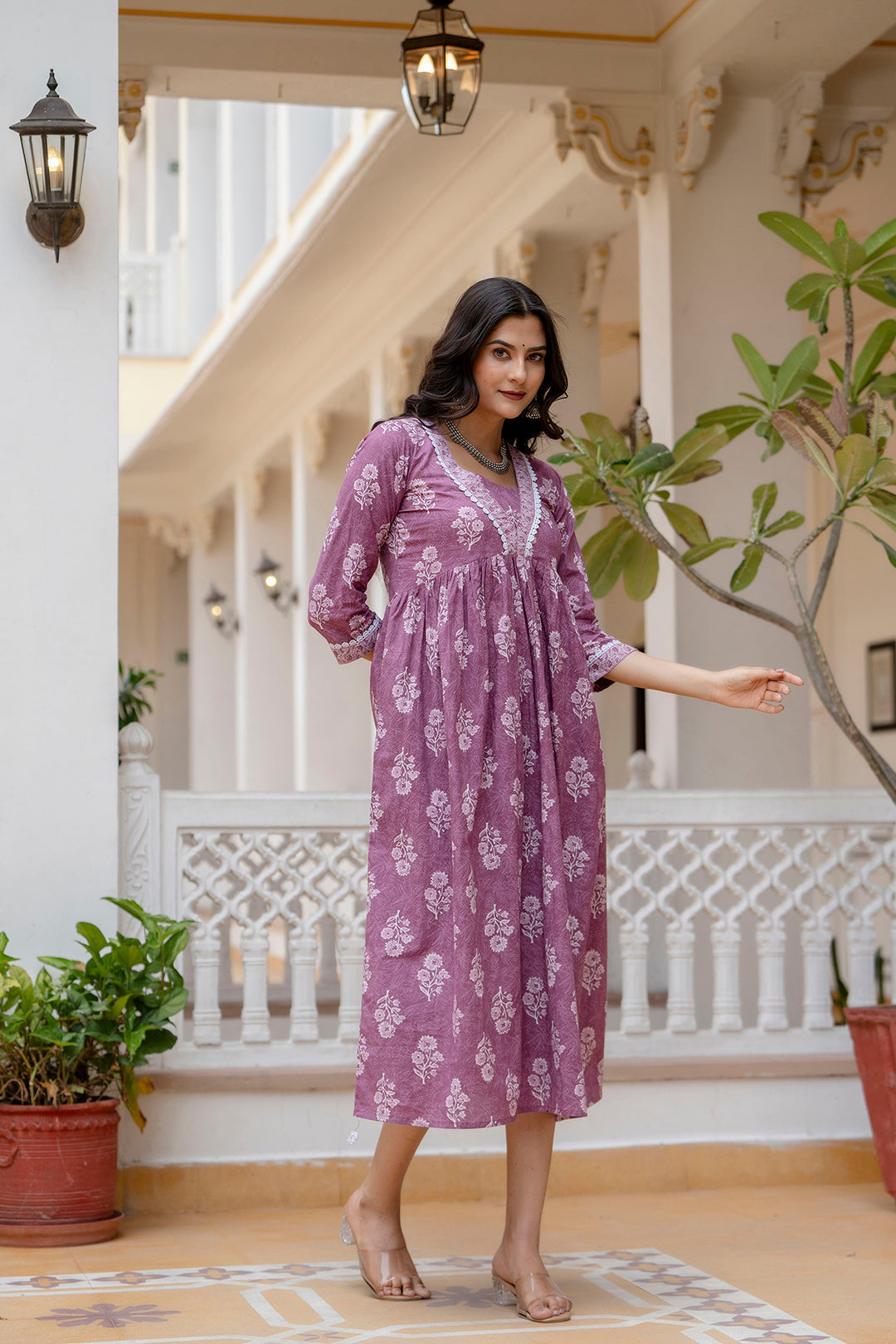 Women's Purple Ethnic Printed Flared Dress - Taantav