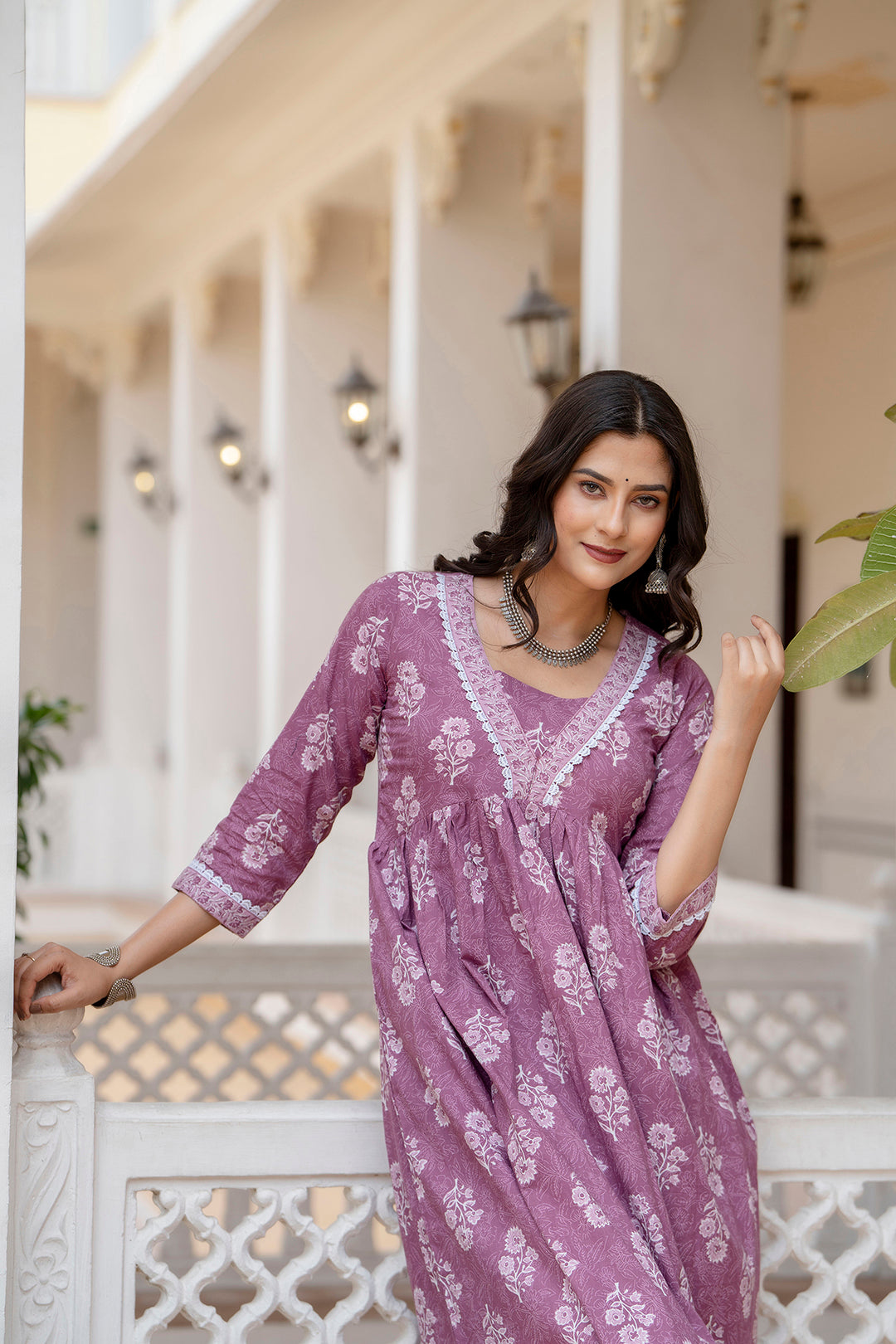 Women's Purple Ethnic Printed Flared Dress