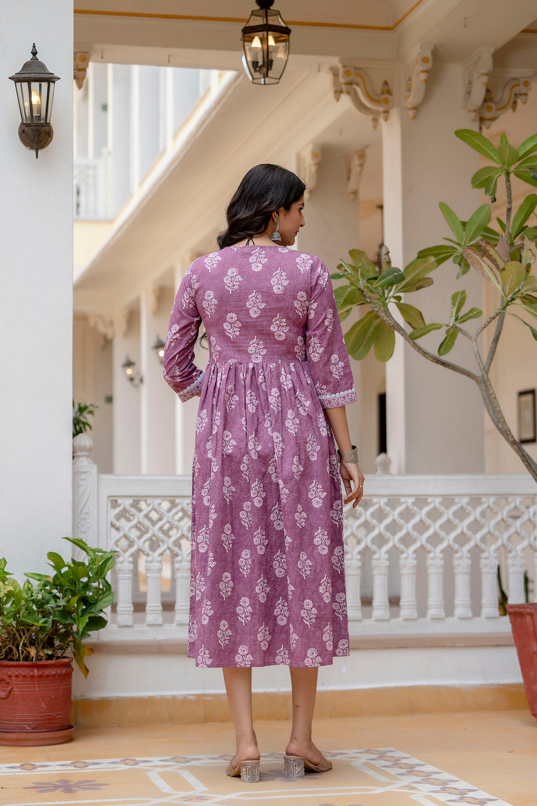 Women's Purple Ethnic Printed Flared Dress - Taantav