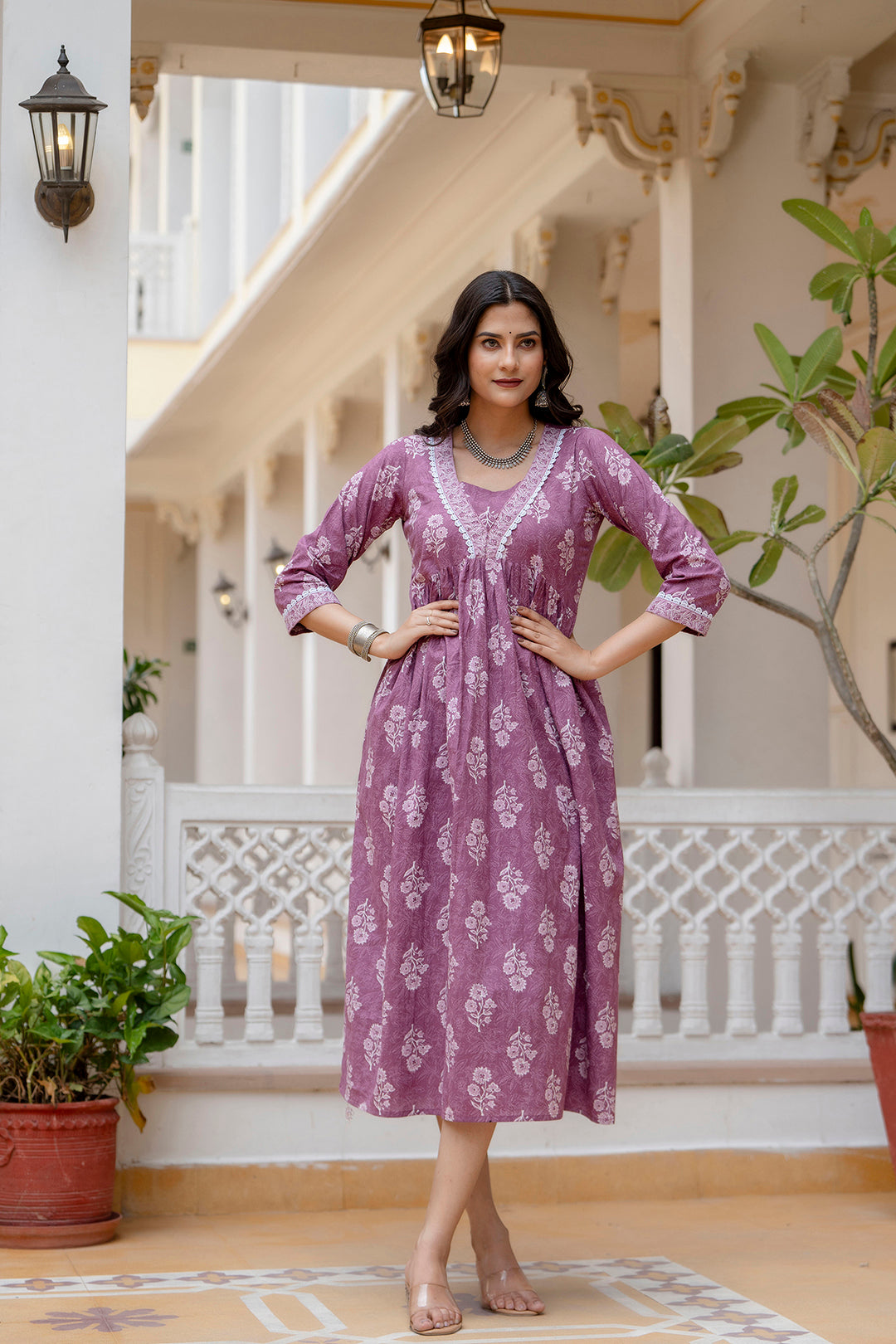 Women's Purple Ethnic Printed Flared Dress - Taantav