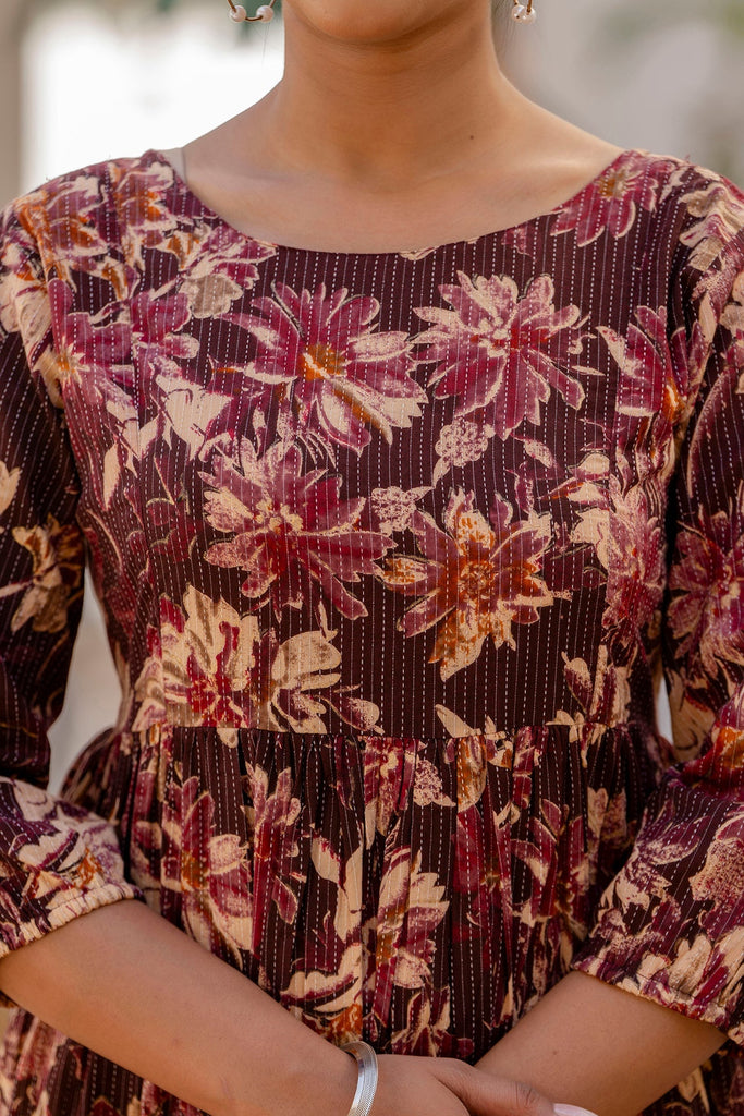 Women's Burgundy Printed Flared Dress
