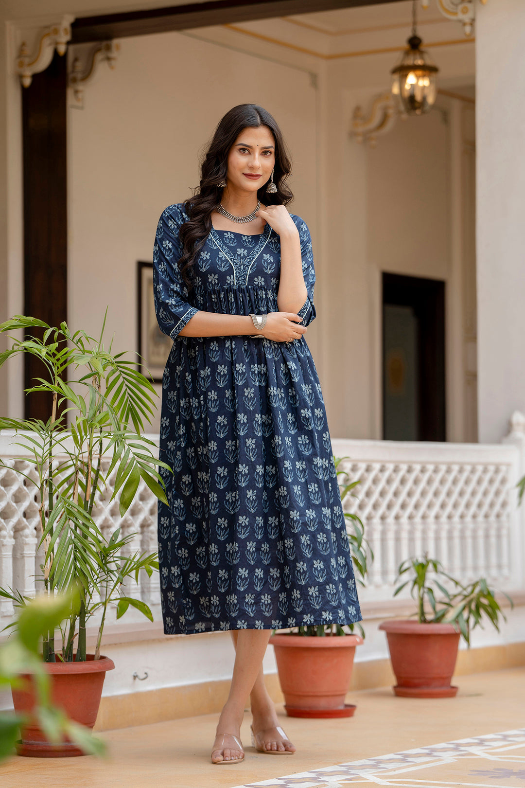 Women's Navy Blue Ethnic Printed Flared Dress - Taantav