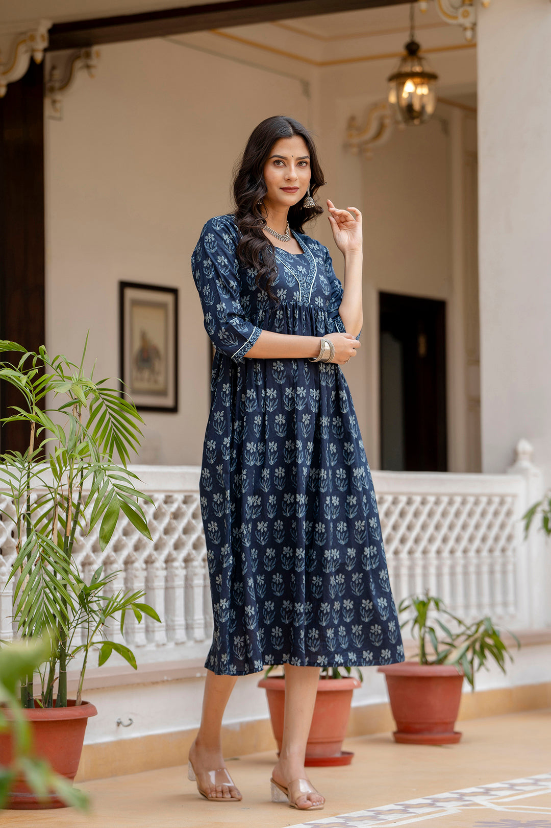 Women's Navy Blue Ethnic Printed Flared Dress - Taantav