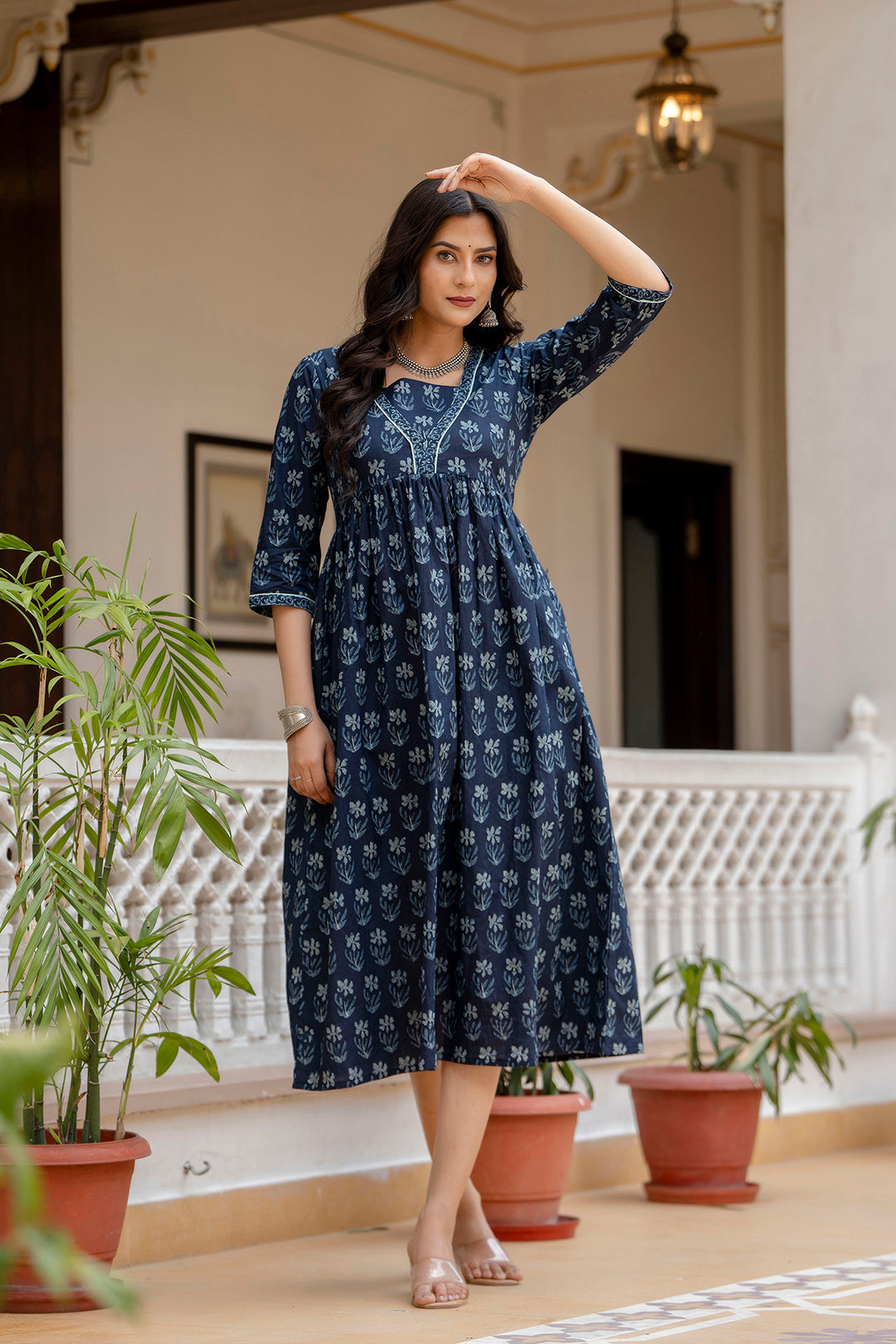 Women's Navy Blue Ethnic Printed Flared Dress - Taantav